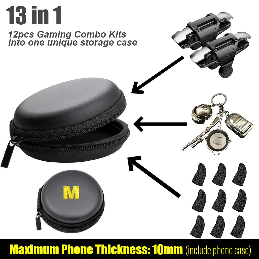 13 in 1 Cell Phone Game Controller for PUBG/Fortnite/Call of Duty Mobile, Mobile Phone L1R1 Triggers for iPhone and Android Phone w/ 9 pcs Mobile Game Finger Sleeve Gloves Black - Image 2