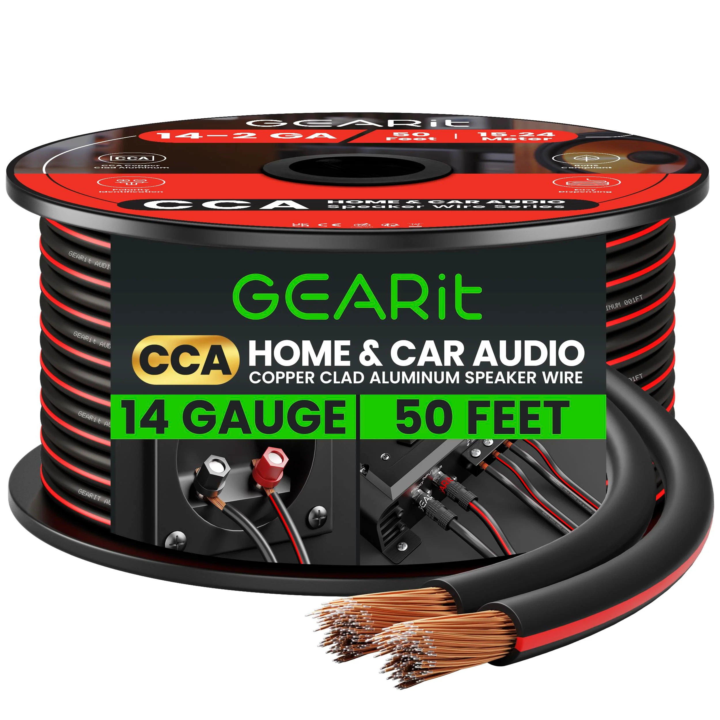 14AWG Speaker Wire, GearIT Pro Series 14 AWG Gauge Speaker Wire Cable (50 Feet / 15.24 Meters) Great Use for Home Theater Speakers and Car Speakers Black 50 Feet