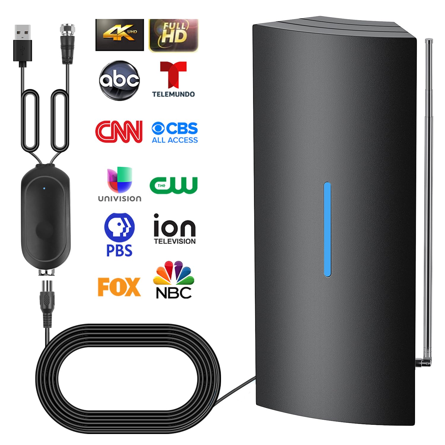 2025 Updated Strongest TV Antenna, 1600 Miles Range Digital Antenna for Smart TV Indoor, 360° Reception Indoor TV Antenna for Local Channels -Support All TV's-with 36ft Thick Coax Cable and Amplifier Black