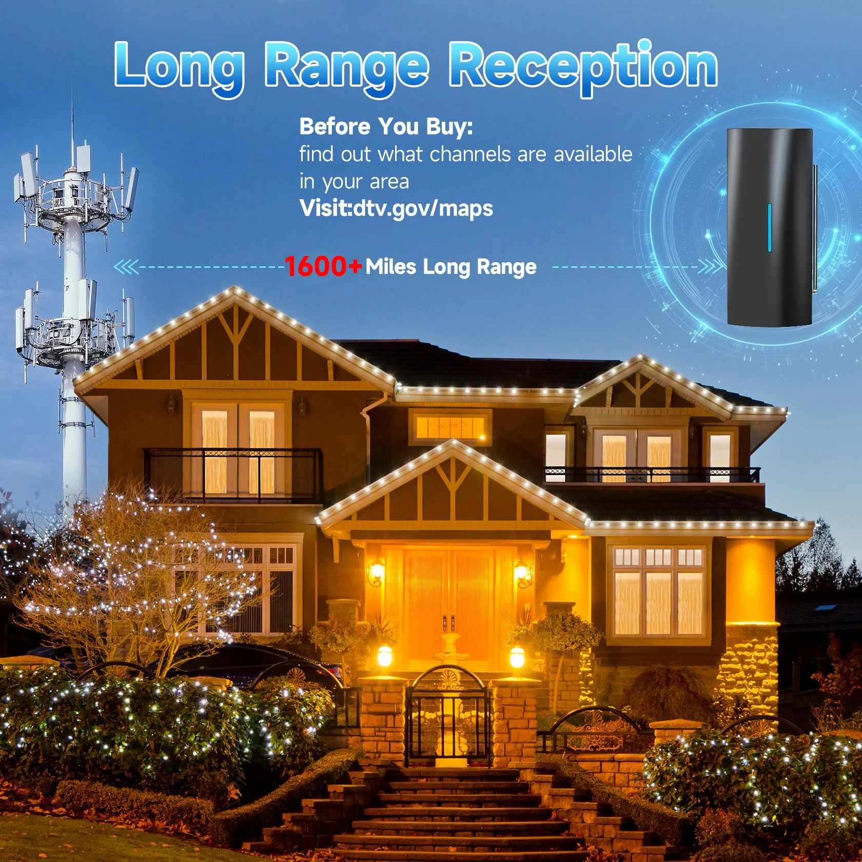 2025 Updated Strongest TV Antenna, 1600 Miles Range Digital Antenna for Smart TV Indoor, 360° Reception Indoor TV Antenna for Local Channels -Support All TV's-with 36ft Thick Coax Cable and Amplifier Black - Image 2