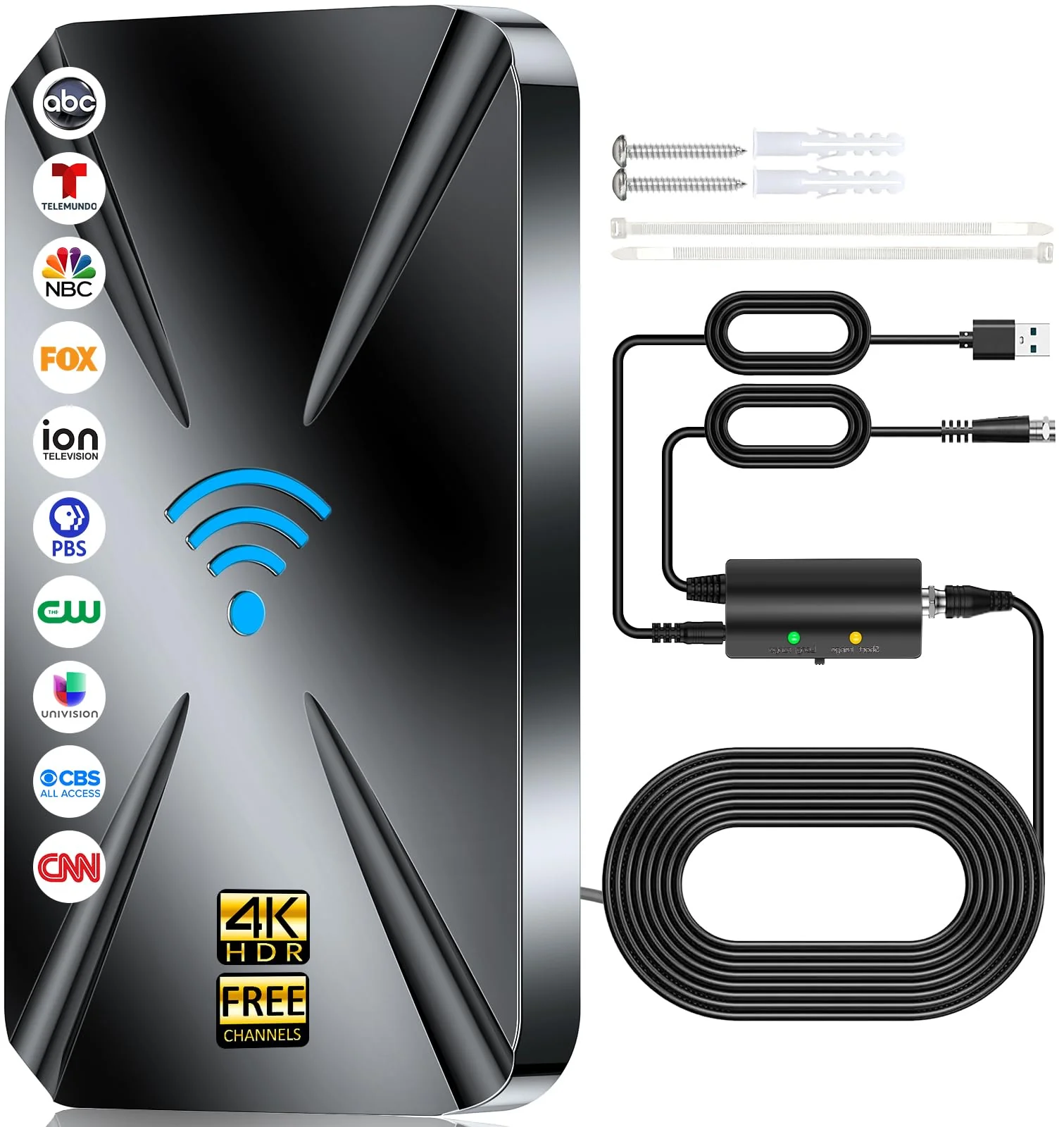 2025 Upgraded TV Antenna Indoor, 1600+ Miles Range Digital Antenna for Smart TV Indoor, HD Antenna for TV Local Channels with Amplifier, Outdoor Antenna Support 8K 4K 1080p All TVs -38FT Coax Cable black