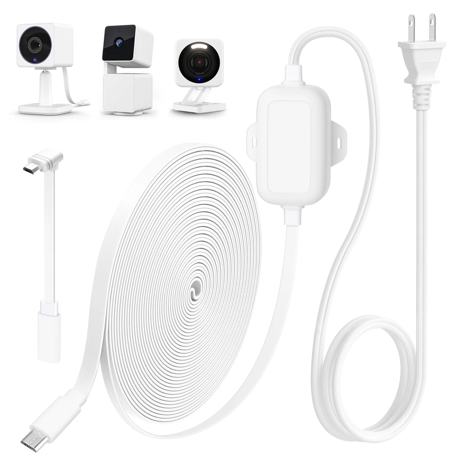 25FT Outdoor Power Adapter for WYZE Cam V4, WYZE Cam OG/V3/V3 Pro, L-Shape Micro USB Extension Cable for WYZE Cam Pan V3, Replace for WYZE Plug, IP67 Waterproof Flat Cable Charge Your WYZE Camera White