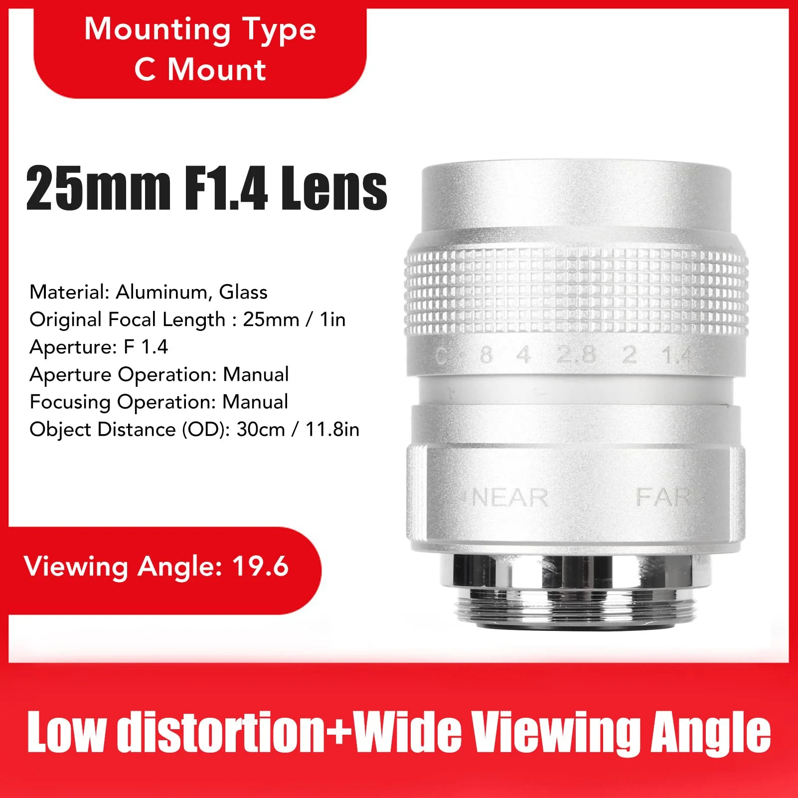 25mm F1.4 CCTV Lens, C Mount Camera Lens with 19.6 Wide Viewing Angle, CCTV Video Vari Zoom Lens for Shop Parking House Warehouse (Silver) silver - Image 2