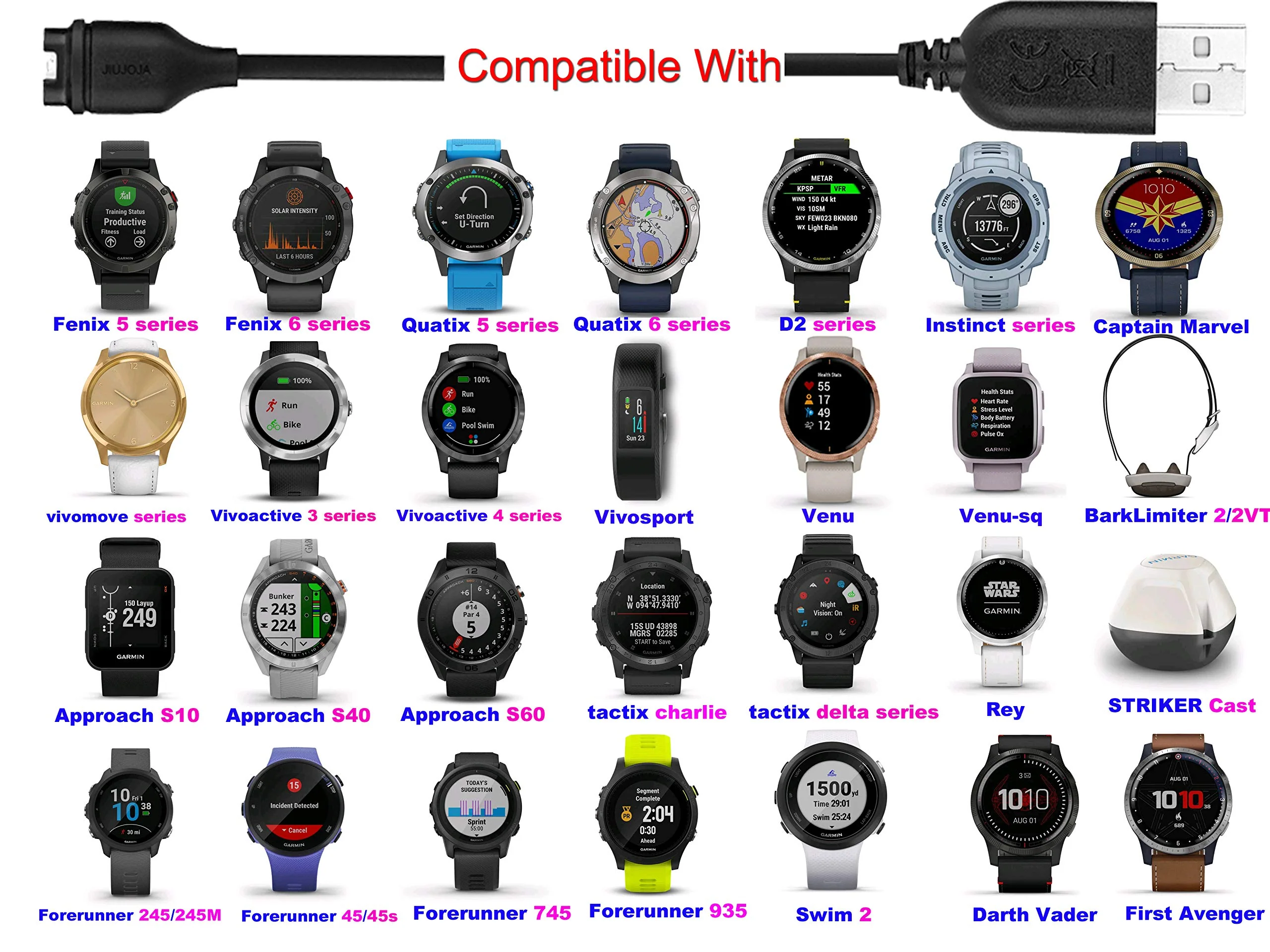 2Pack for Garmin Fenix 5/6/7,Fenix 7 7S 7X Pro Sapphire,Forerunner 935 945 45 45S 245,Approach S10 S40 S60 X10,Quatix 5 Sapphire,Vivoactive 3 4 4S,Vivomove 3 3S,Vivosport Smart Watch 2Packs cables (120cm+120cm） 2Packs Standard Packaging - Image 2