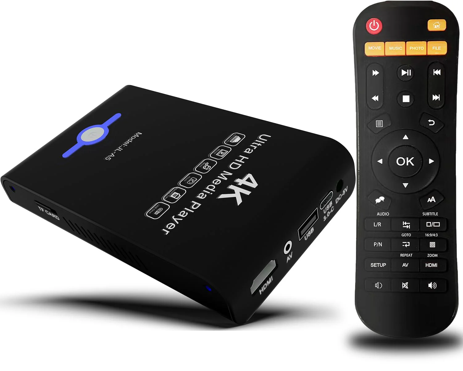 4K Ultra HD Media Player & HDD Enclosure 2-in-1,Digital Signage, Play H.265/HEVC H.264/AVC MP4 MKV Videos,MP3 Music,JPG Photos,Auto Playback and Resume,Supports HDDs,USB/SD Card,4k HDMI,Analog AV. Piano black