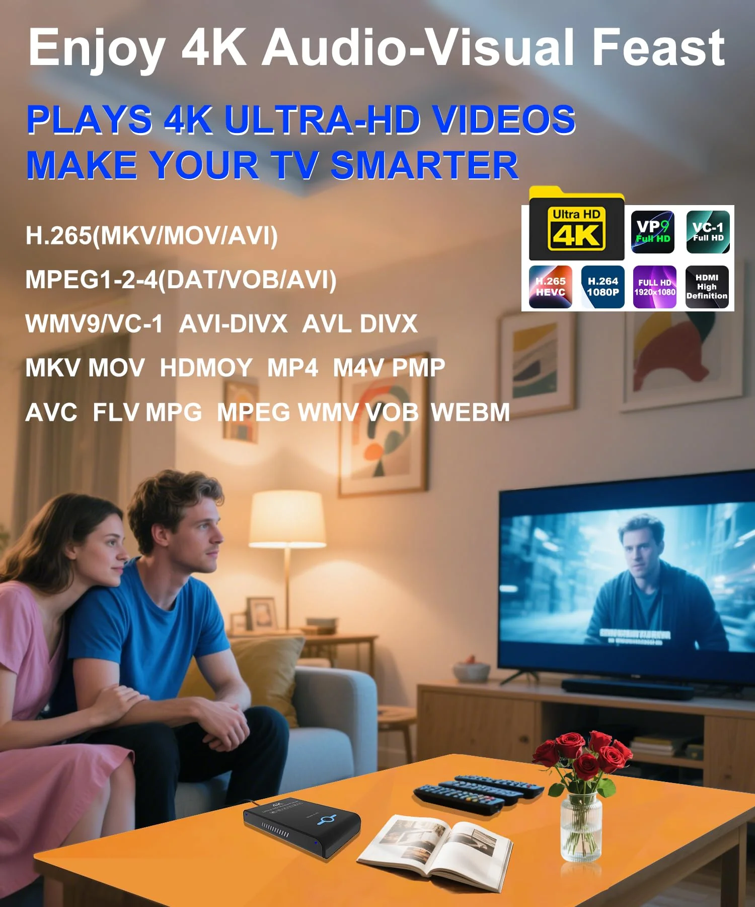 4K Ultra HD Media Player & HDD Enclosure 2-in-1,Digital Signage, Play H.265/HEVC H.264/AVC MP4 MKV Videos,MP3 Music,JPG Photos,Auto Playback and Resume,Supports HDDs,USB/SD Card,4k HDMI,Analog AV. Piano black - Image 3
