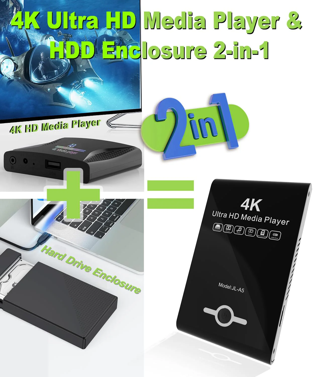 4K Ultra HD Media Player & HDD Enclosure 2-in-1,Digital Signage, Play H.265/HEVC H.264/AVC MP4 MKV Videos,MP3 Music,JPG Photos,Auto Playback and Resume,Supports HDDs,USB/SD Card,4k HDMI,Analog AV. Piano black - Image 4
