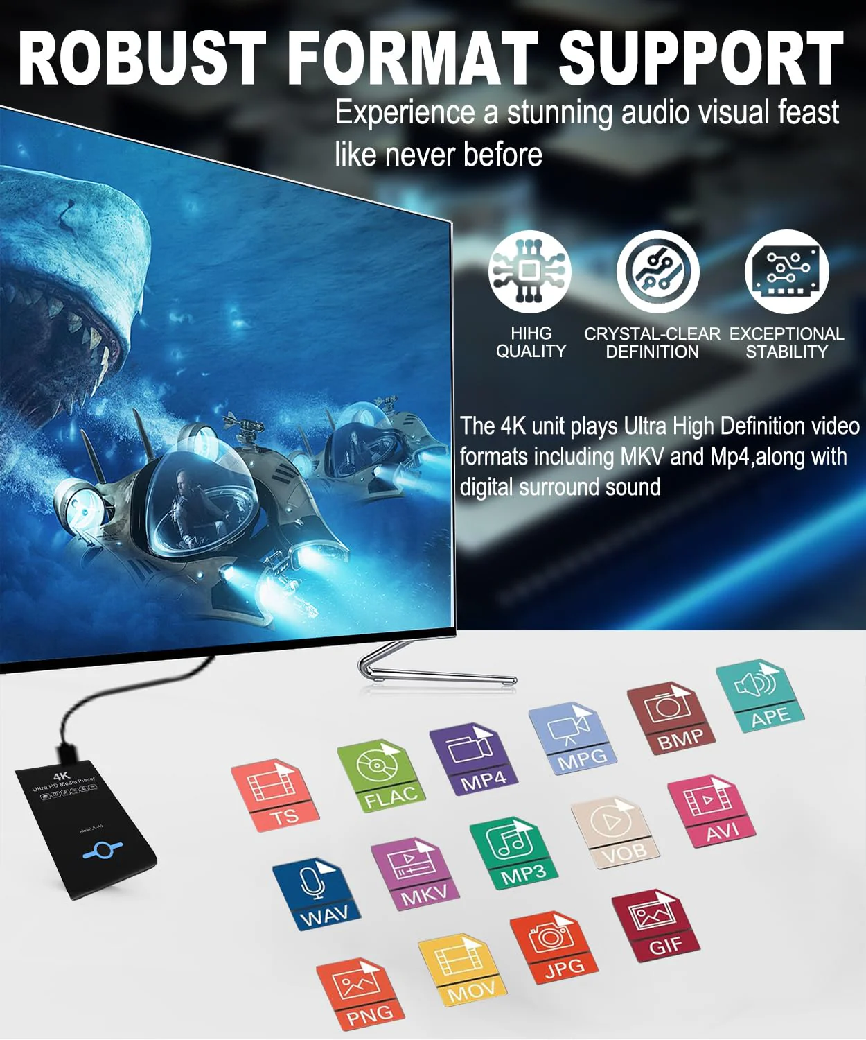4K Ultra HD Media Player & HDD Enclosure 2-in-1,Digital Signage, Play H.265/HEVC H.264/AVC MP4 MKV Videos,MP3 Music,JPG Photos,Auto Playback and Resume,Supports HDDs,USB/SD Card,4k HDMI,Analog AV. Piano black - Image 5
