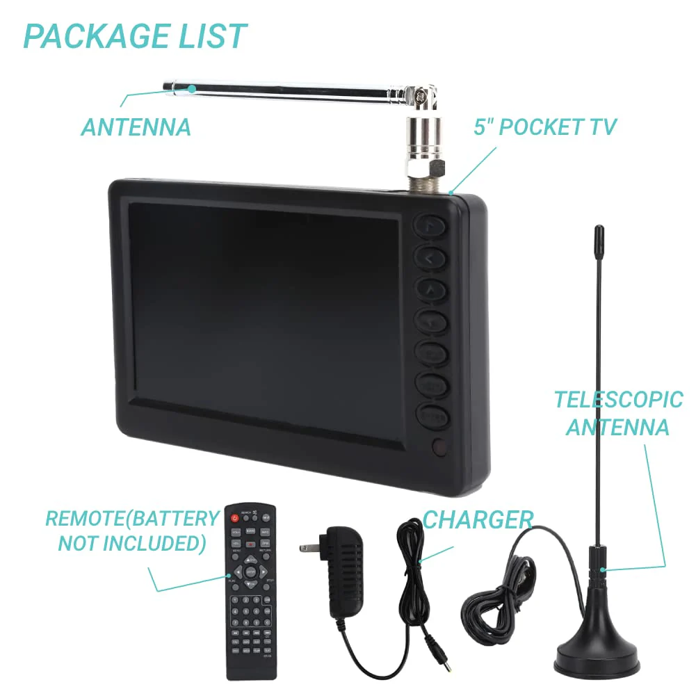 Acogedor 5 Inch Portable TV, 1080P ATSC Pocket Digital Car TV, with 1500mAh Rechargeable Battery, Support USB, TF Card, Mini Digital Television for Camping, Kitchen - Image 2