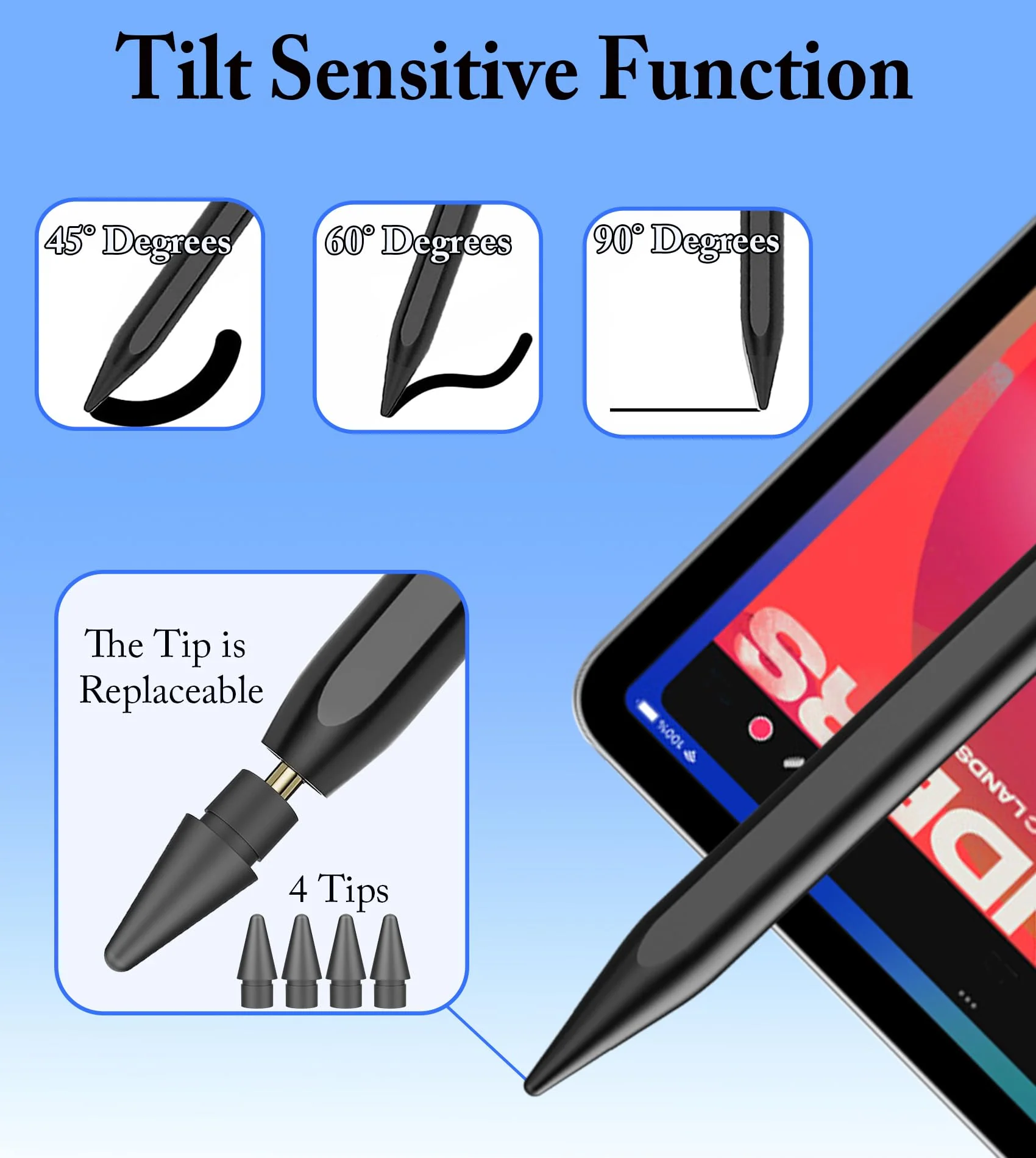 Active Stylus Pen for iPad(2018-2023), iPad Pencil 9th Generation with Palm Rejection, Magnetic, iPad Stylus Pen Compatible with Apple iPad Pro 11/12.9 inch, iPad Mini 5/6/Air3/4/5, iPad 6/7/8/9/10 Black-01 - Image 4