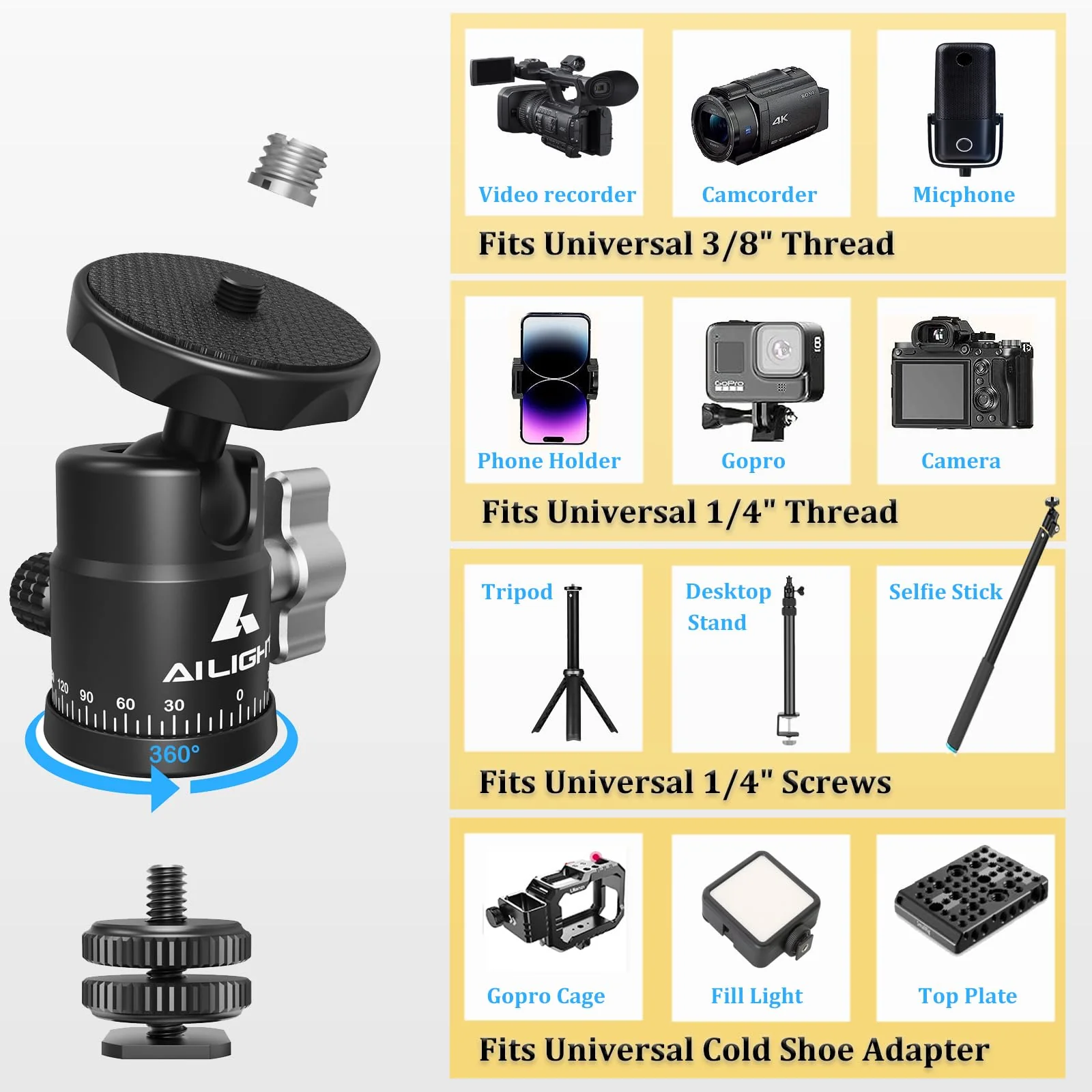 Ailight Mini Ball Head, 360° Panoramic Tripod Head, Universal 1/4" to 3/8" Screw Adapter Swivel Ball Head Tripod Mount, Dual Cold Shoe Mount for DSLR Cameras Camcorder Light Photograph Accessories 1 pack - Image 3
