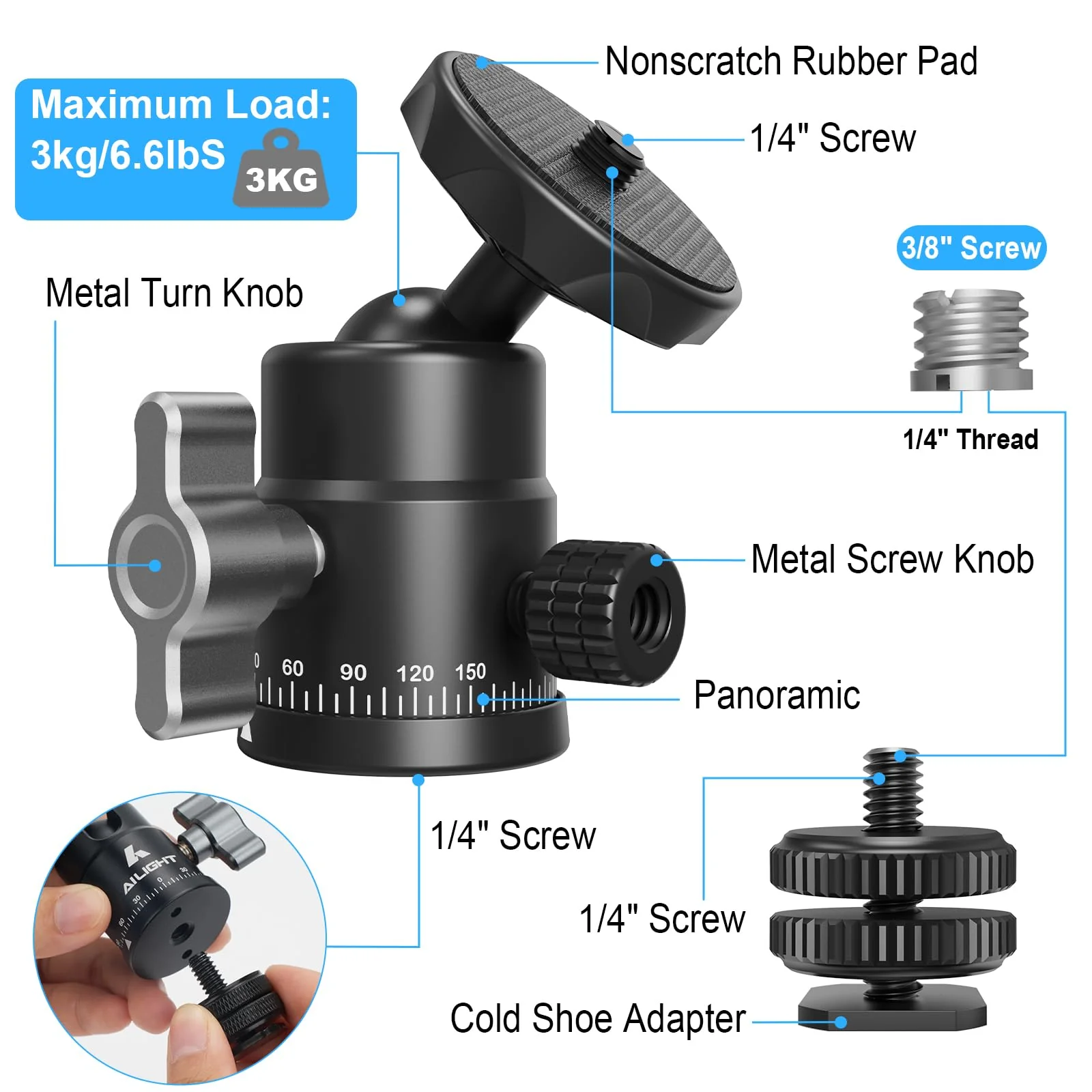 Ailight Mini Ball Head, 360° Panoramic Tripod Head, Universal 1/4" to 3/8" Screw Adapter Swivel Ball Head Tripod Mount, Dual Cold Shoe Mount for DSLR Cameras Camcorder Light Photograph Accessories 1 pack - Image 6