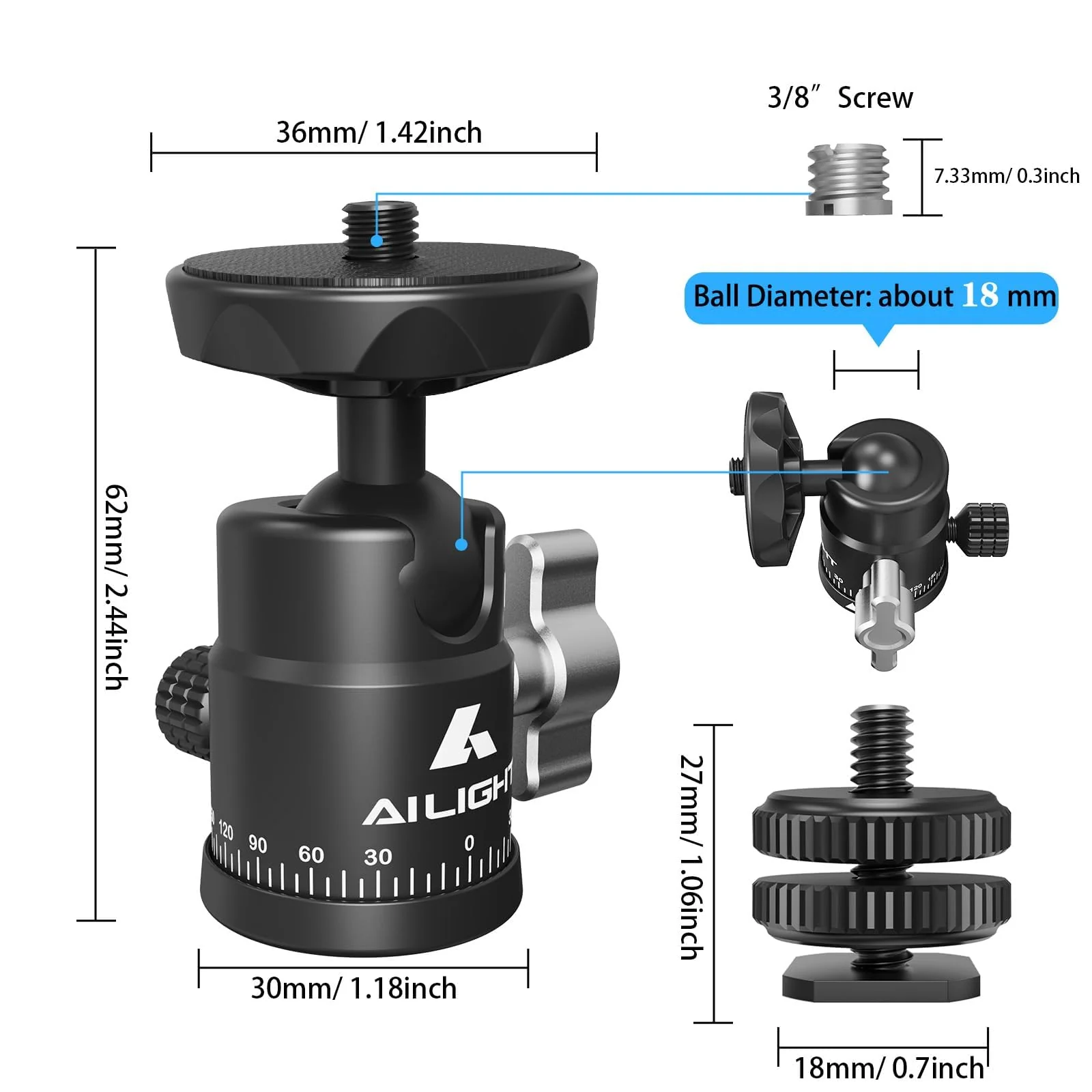 Ailight Mini Ball Head, 360° Panoramic Tripod Head, Universal 1/4" to 3/8" Screw Adapter Swivel Ball Head Tripod Mount, Dual Cold Shoe Mount for DSLR Cameras Camcorder Light Photograph Accessories 1 pack - Image 7