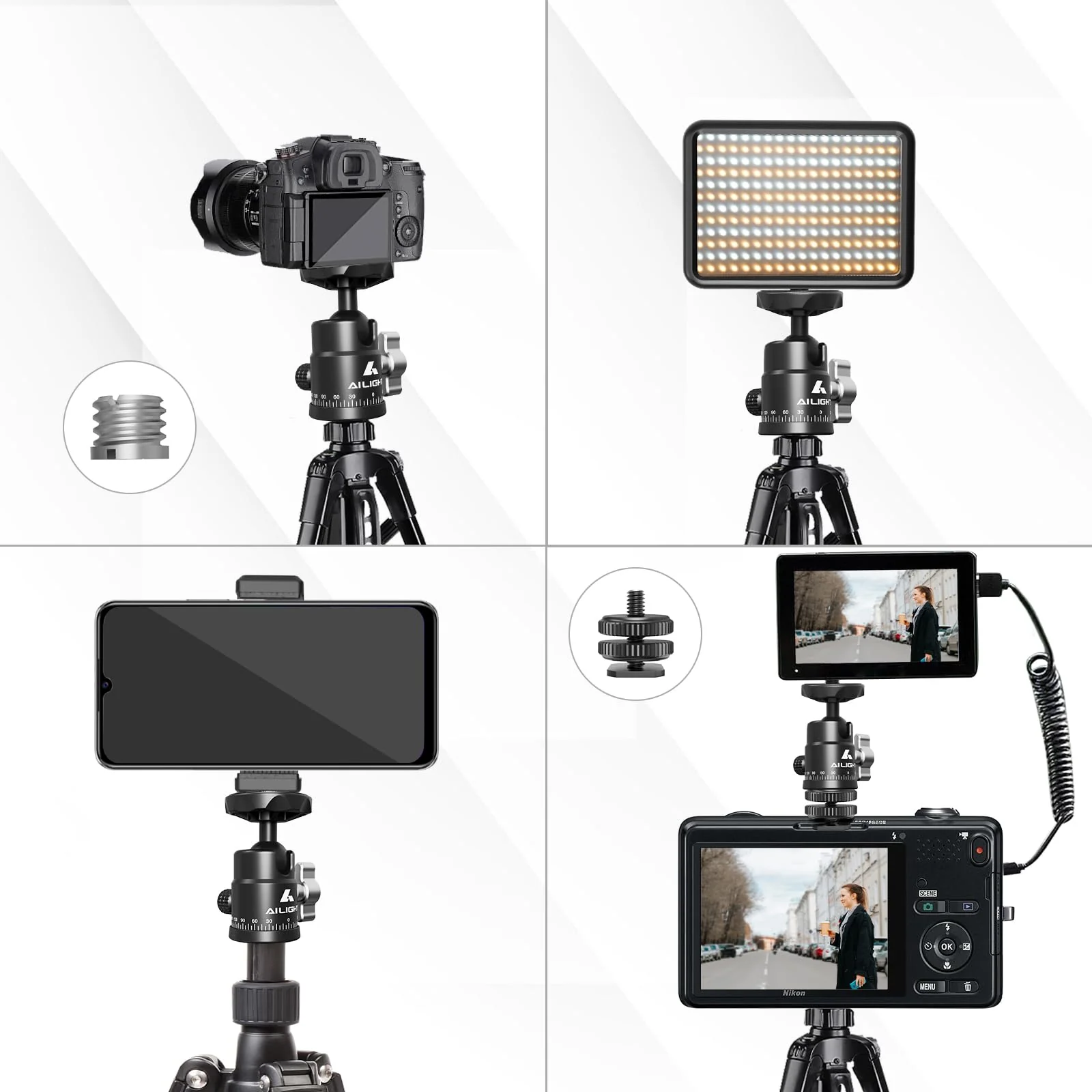 Ailight Mini Ball Head, 360° Panoramic Tripod Head, Universal 1/4" to 3/8" Screw Adapter Swivel Ball Head Tripod Mount, Dual Cold Shoe Mount for DSLR Cameras Camcorder Light Photograph Accessories 1 pack - Image 8