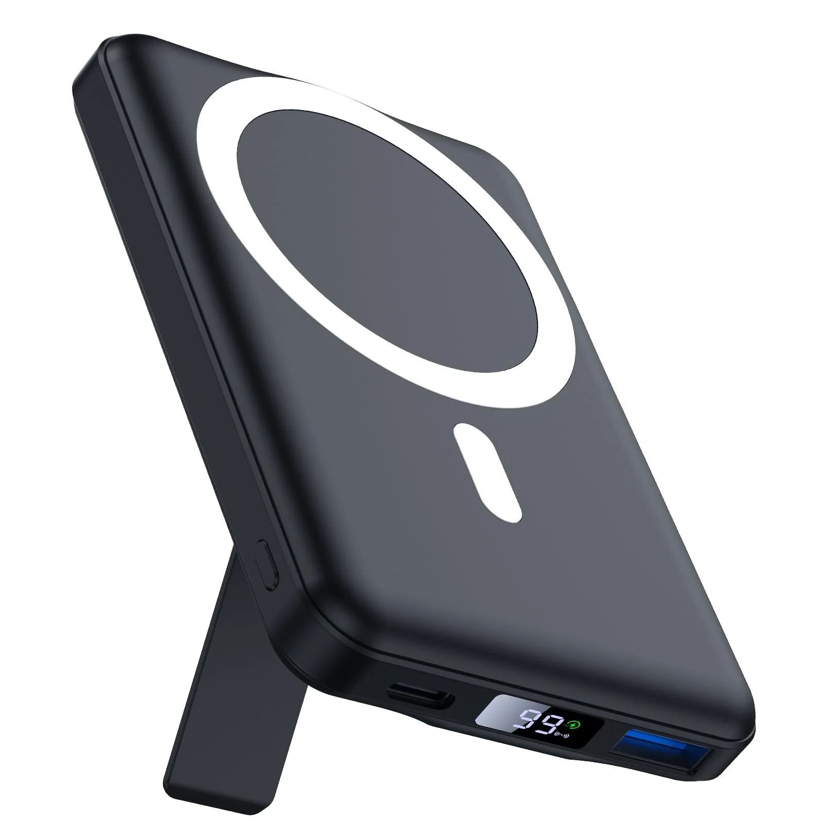 AOGUERBE for Magsafe Battery Pack, 10000mAh Magnetic Power Bank with (22.5W) USB-C Fast Charging, Wireless Mag-Safe Portable Charger with LED Display & Foldable Stand for iPhone 16/15/14/13/12 Series Black