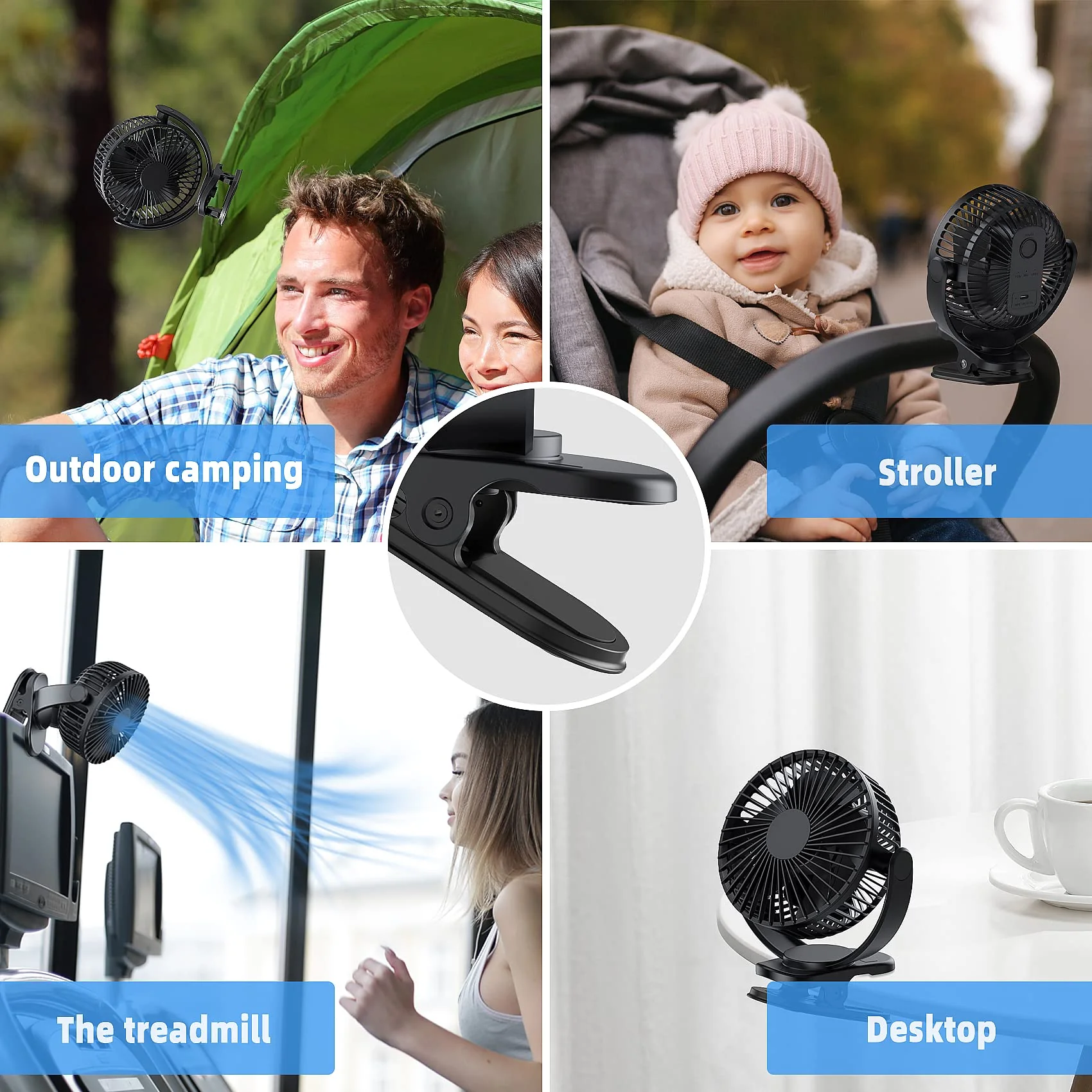 ATEngeus USB Fan, Rechargeable Portable Fan, Clip on Fan, Battery Operated Fan, 3 Speeds, 5000mAh USB Desk Fan, 720°Rotation, Sturdy Clamp for home, Camping, Treadmill and car TF-28D - Image 5