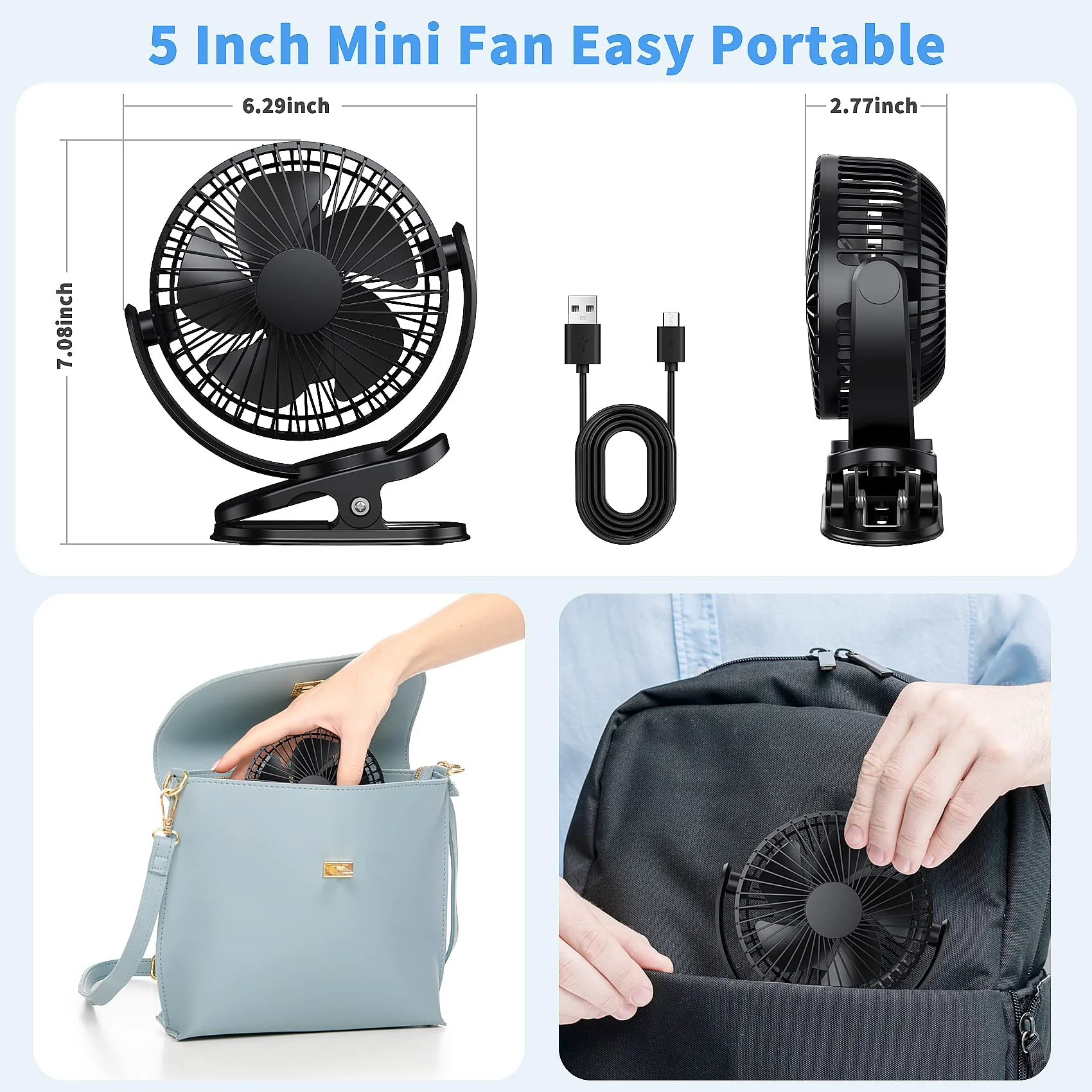 ATEngeus USB Fan, Rechargeable Portable Fan, Clip on Fan, Battery Operated Fan, 3 Speeds, 5000mAh USB Desk Fan, 720°Rotation, Sturdy Clamp for home, Camping, Treadmill and car TF-28D - Image 6