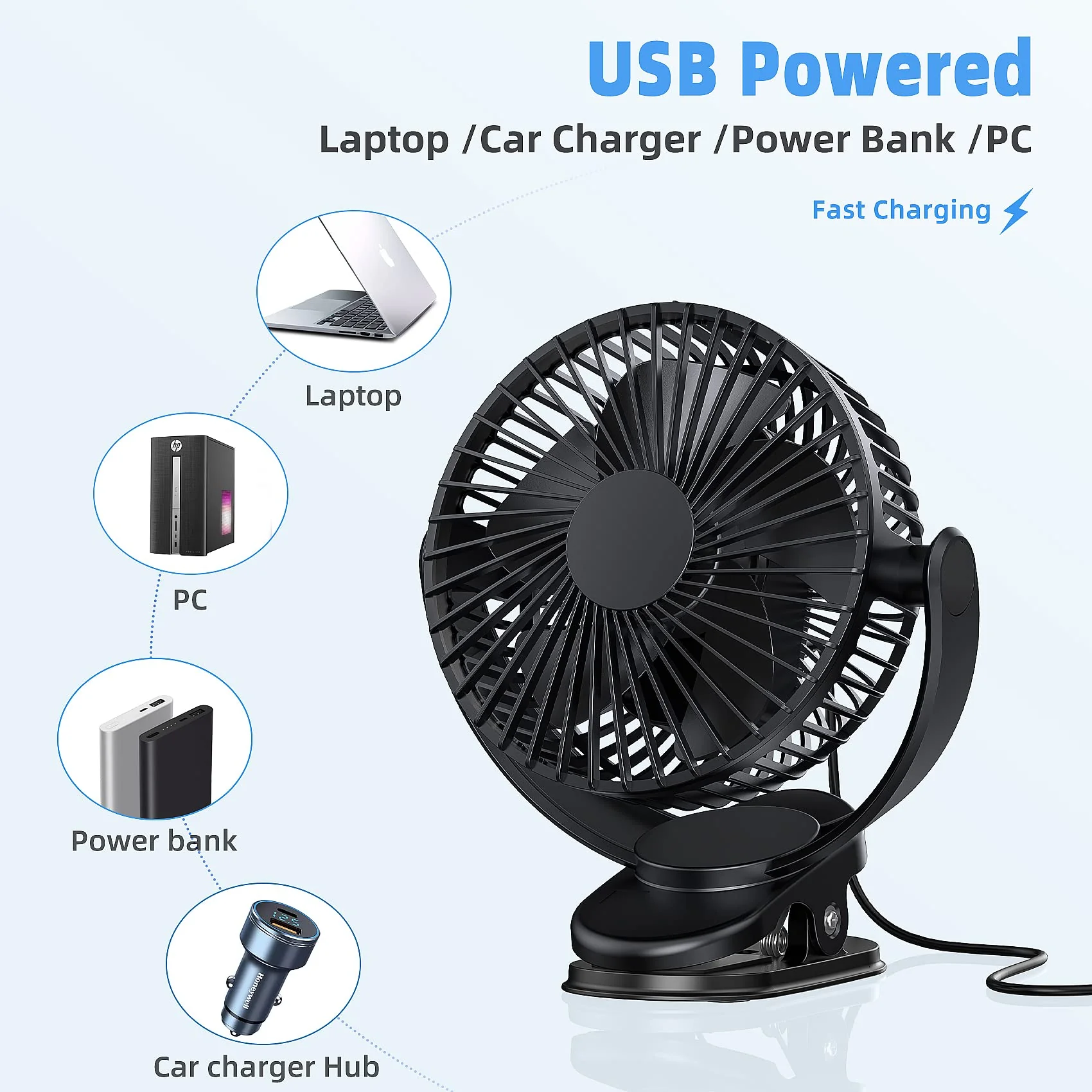 ATEngeus USB Fan, Rechargeable Portable Fan, Clip on Fan, Battery Operated Fan, 3 Speeds, 5000mAh USB Desk Fan, 720°Rotation, Sturdy Clamp for home, Camping, Treadmill and car TF-28D - Image 7