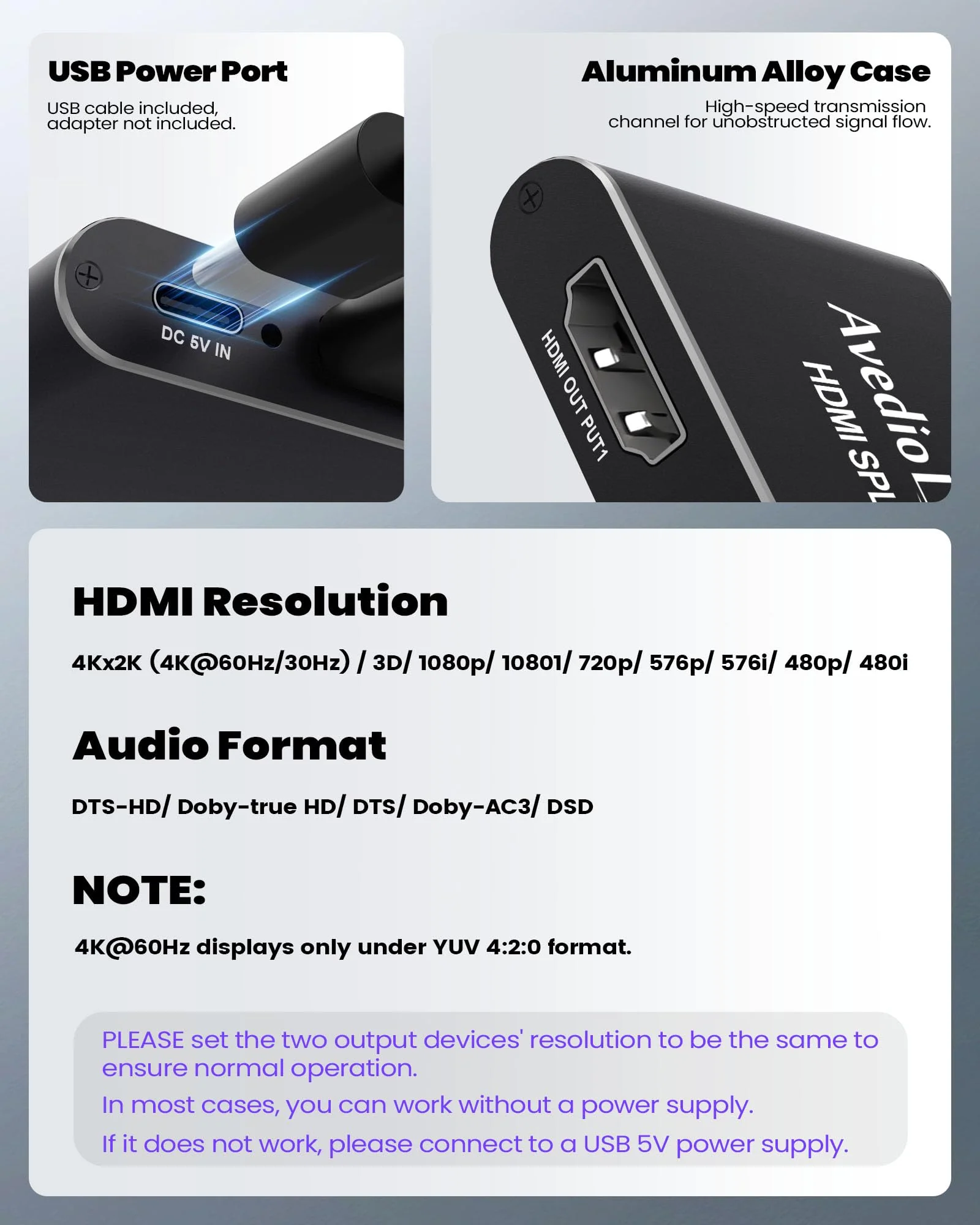 avedio links HDMI Splitter 1 in 2 Out 4K@60Hz [with 4 ft HDMI Cable], Aluminum Alloy 4K HDMI Splitter for 2 Same Screen, 1x2 HDMI 2.0 Splitter Mirror Only, Support Full HD 1080P 3D HDCP 1.4(Black) Black - Image 8