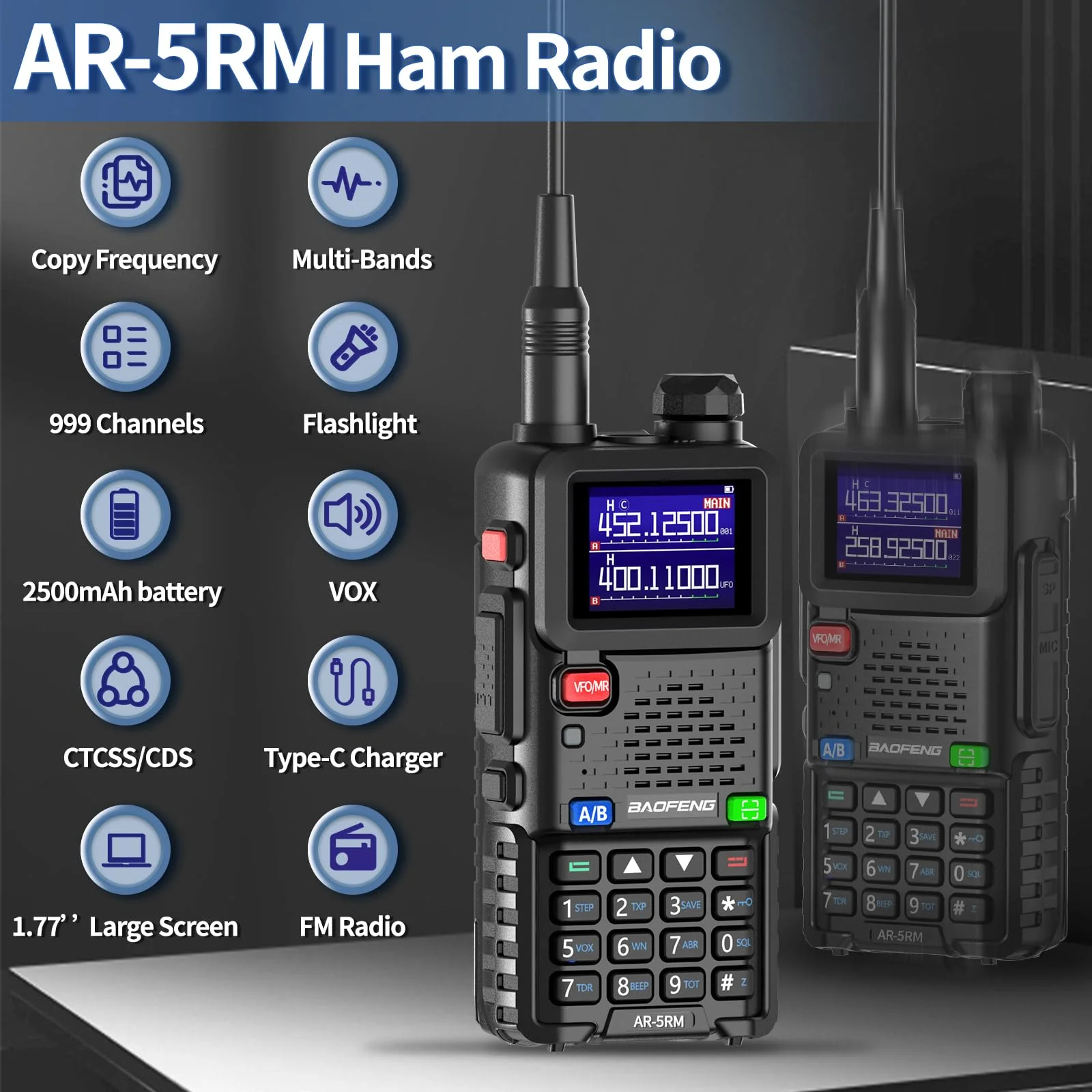 BAOFENG 5RM Ham Radio 10W High Power Long Range Handheld AR-5RM Two Way Radio NOAA Weather Receiver Rechargeable Walkie Talkies Copy Frequency NOAA 999CH with USB Charging 771 Antenna - Image 3