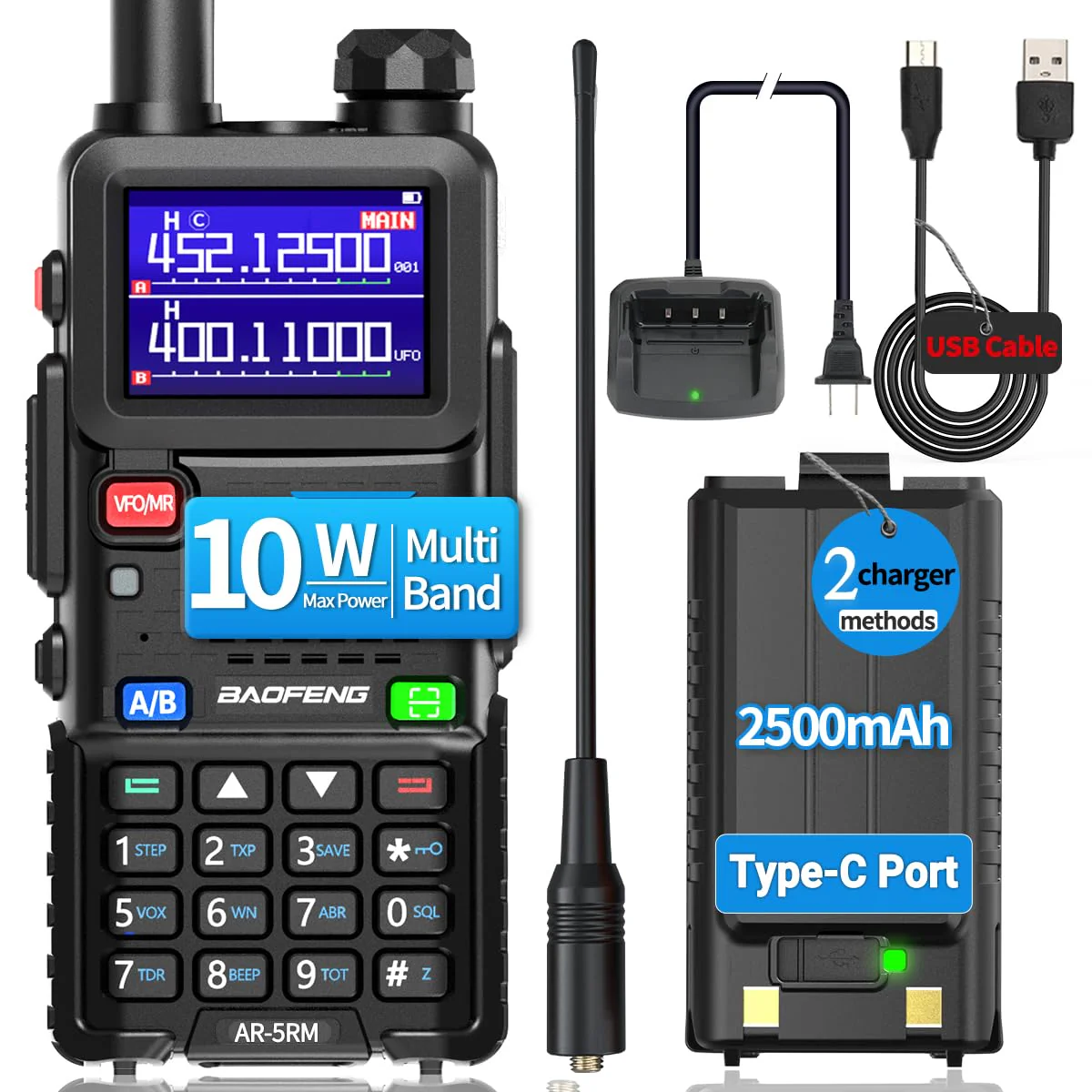 BAOFENG Radio 5RM Ham Radio10W Long Range Handheld AR-5RM Two Way Radio NOAA Weather Receiver Rechargeable Walkie Talkies Longe Range Copy Frequency 999CH with Type C Charging 2500mAh Battery