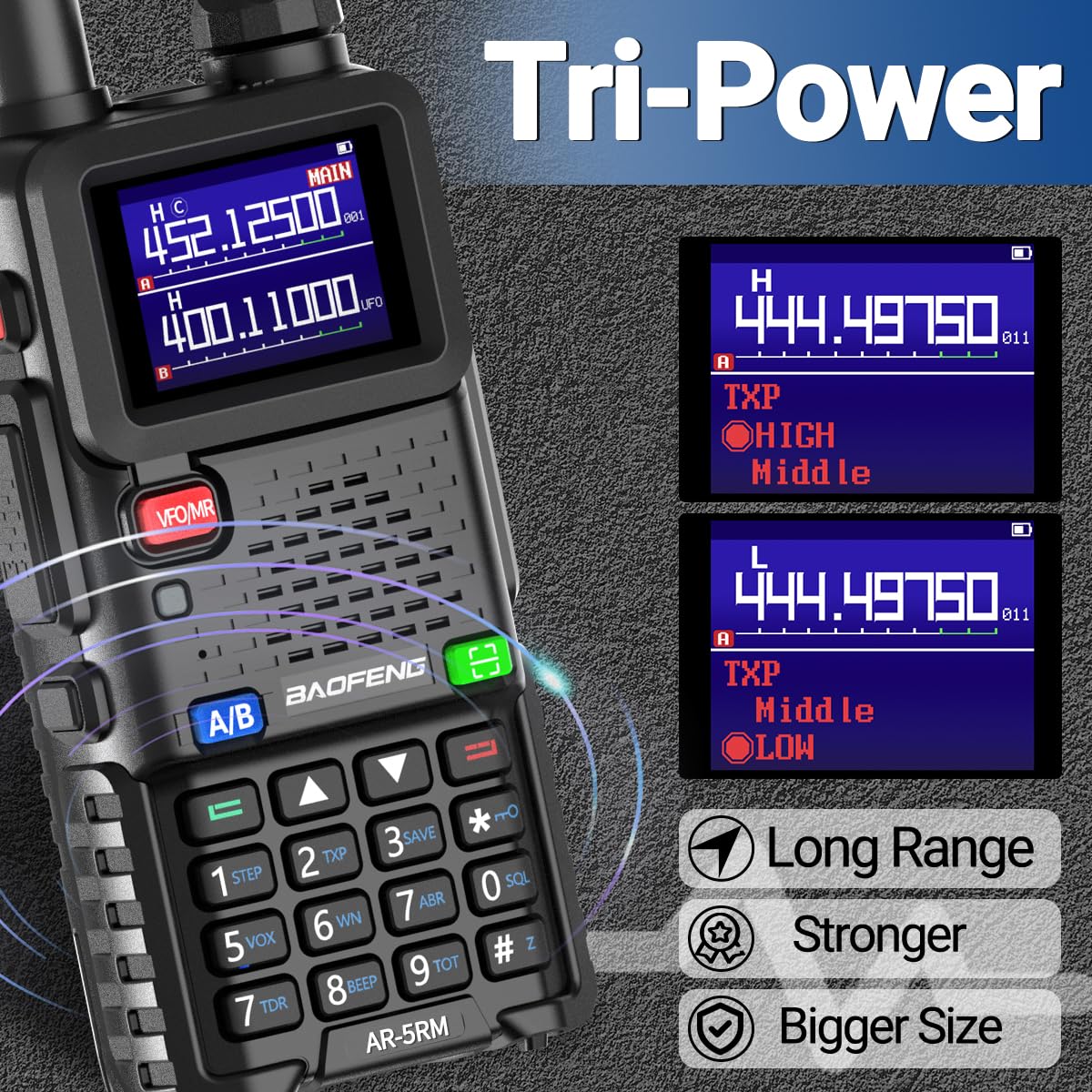 BAOFENG Radio 5RM Ham Radio10W Long Range Handheld AR-5RM Two Way Radio NOAA Weather Receiver Rechargeable Walkie Talkies Longe Range Copy Frequency 999CH with Type C Charging 2500mAh Battery - Image 3