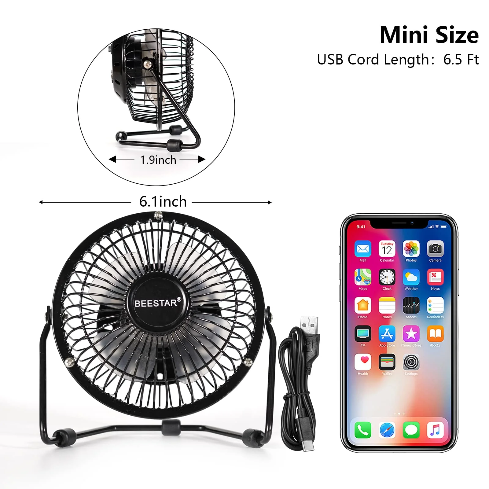BEESTAR 4 Inch Mini Fan with Metal Construction,Powerful USB Powered,360° Rotation desk Personal Cooling Usb fans small quiet for Home Office Bedroom Black - Image 5