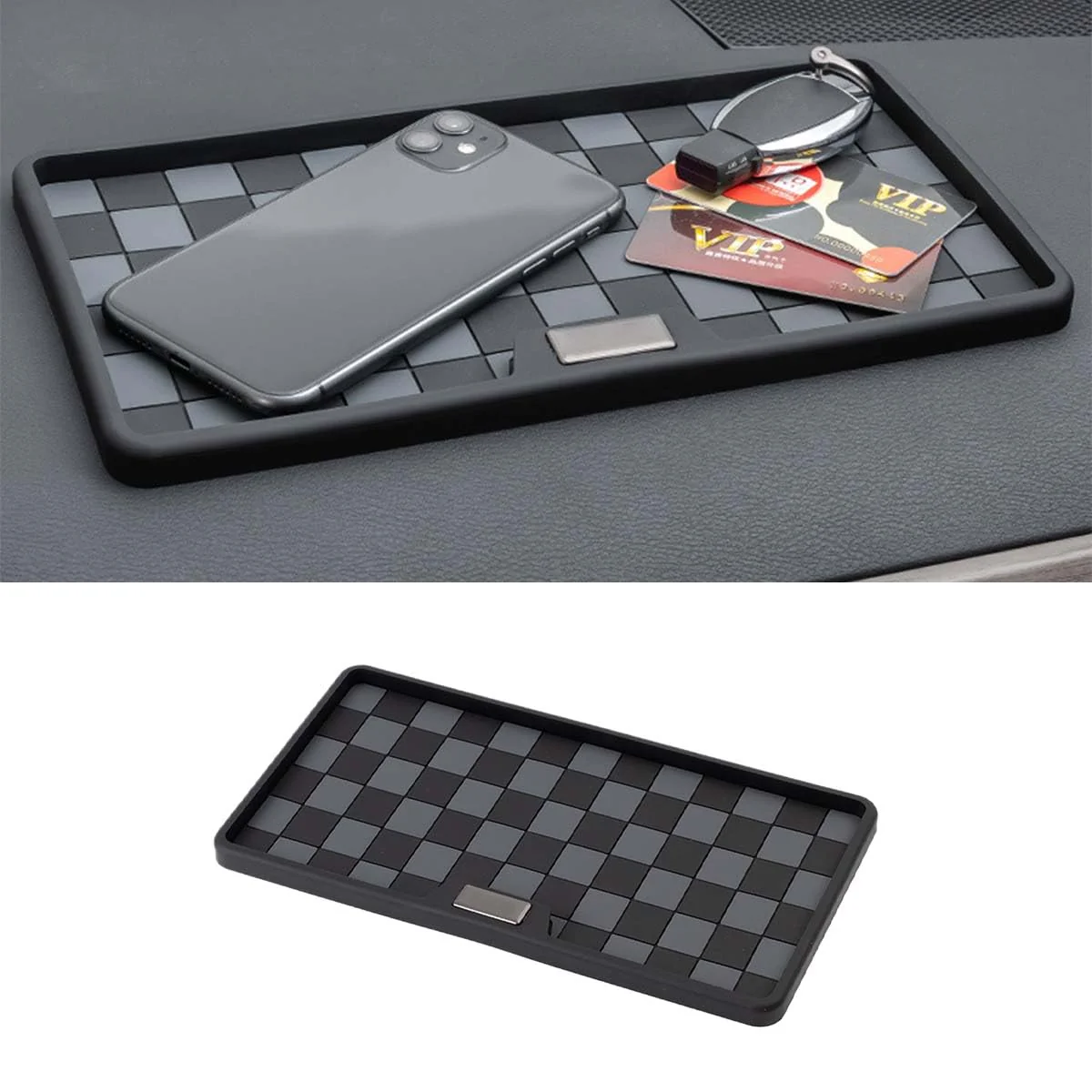 Car Dashboard Non Slip Mat, 11.06'' x 5.98'' Universal Grid Multi-Functional Sticky Adhesive Pad, Dash Sticky Gripping Mat for Cell Phones, Keys, Sunglasses, Electronic Devices, GPS (Black Gray) Black Gray