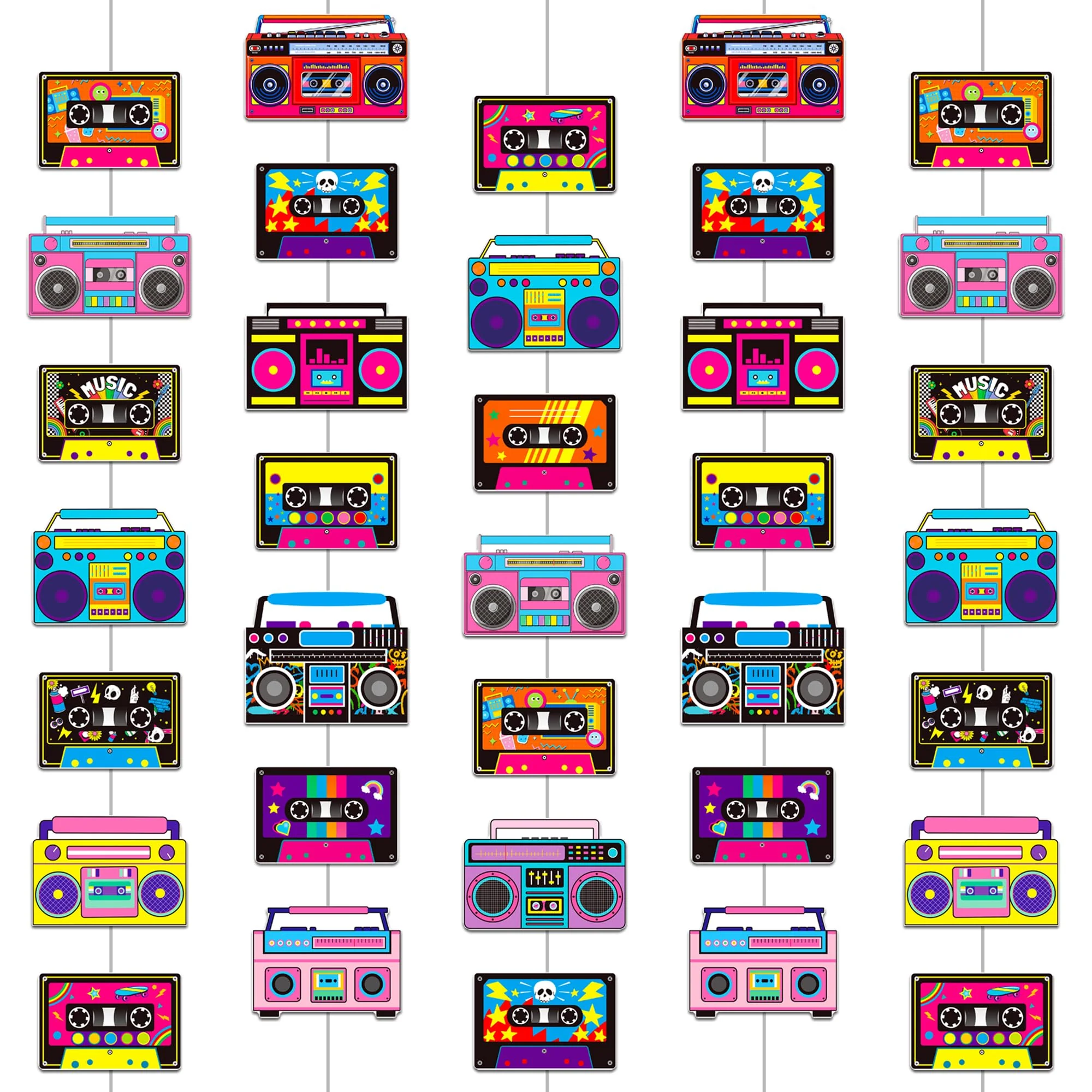 Cassette Tape and Boom Box Garlands 6PCS 80s Party Decorations Retro Radio Cassette Tape Paper Garland Banners 1980s Hanging Decor for 70s 90s Hip Hop Theme Birthday Party Supplies