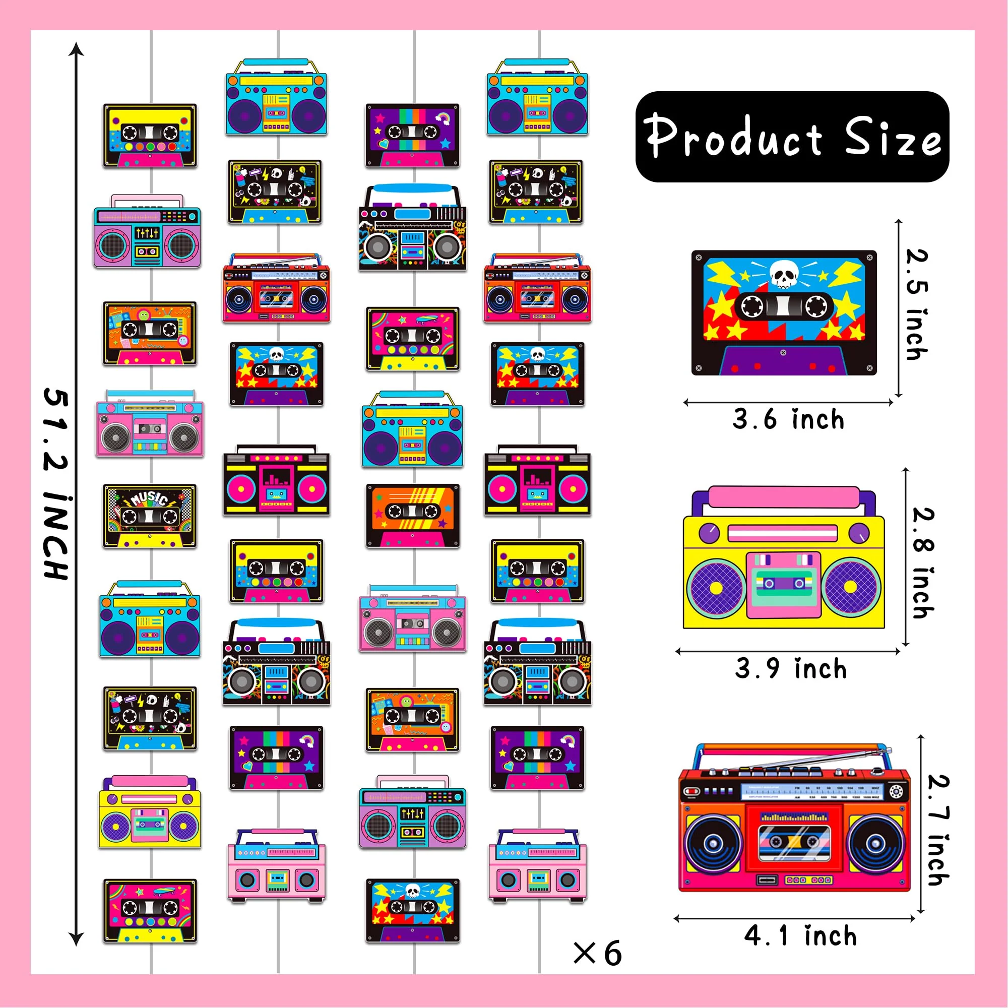 Cassette Tape and Boom Box Garlands 6PCS 80s Party Decorations Retro Radio Cassette Tape Paper Garland Banners 1980s Hanging Decor for 70s 90s Hip Hop Theme Birthday Party Supplies - Image 2