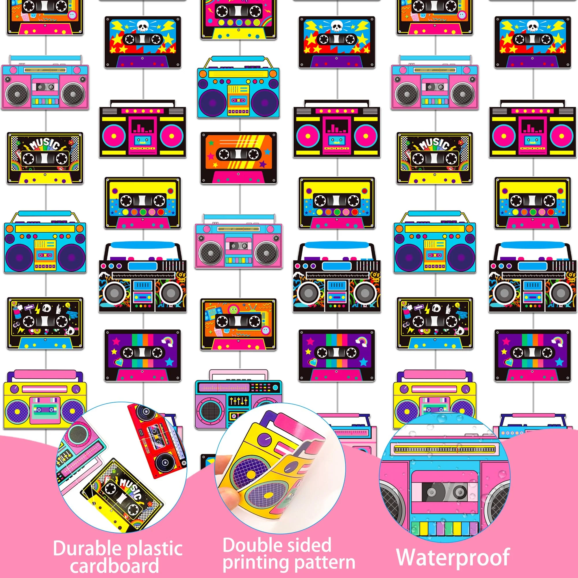 Cassette Tape and Boom Box Garlands 6PCS 80s Party Decorations Retro Radio Cassette Tape Paper Garland Banners 1980s Hanging Decor for 70s 90s Hip Hop Theme Birthday Party Supplies - Image 3