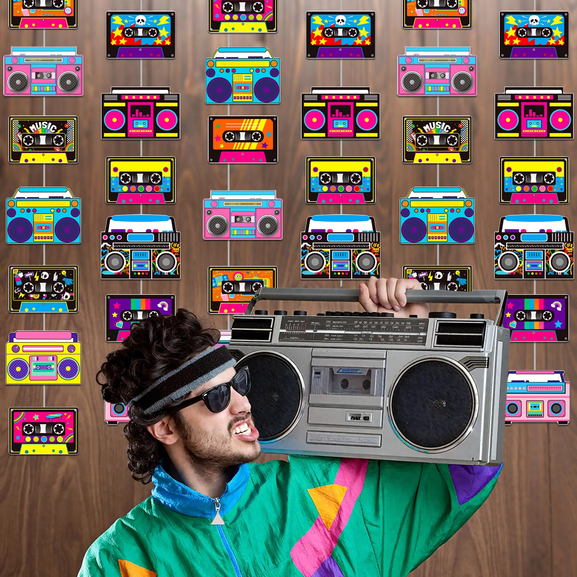 Cassette Tape and Boom Box Garlands 6PCS 80s Party Decorations Retro Radio Cassette Tape Paper Garland Banners 1980s Hanging Decor for 70s 90s Hip Hop Theme Birthday Party Supplies - Image 4