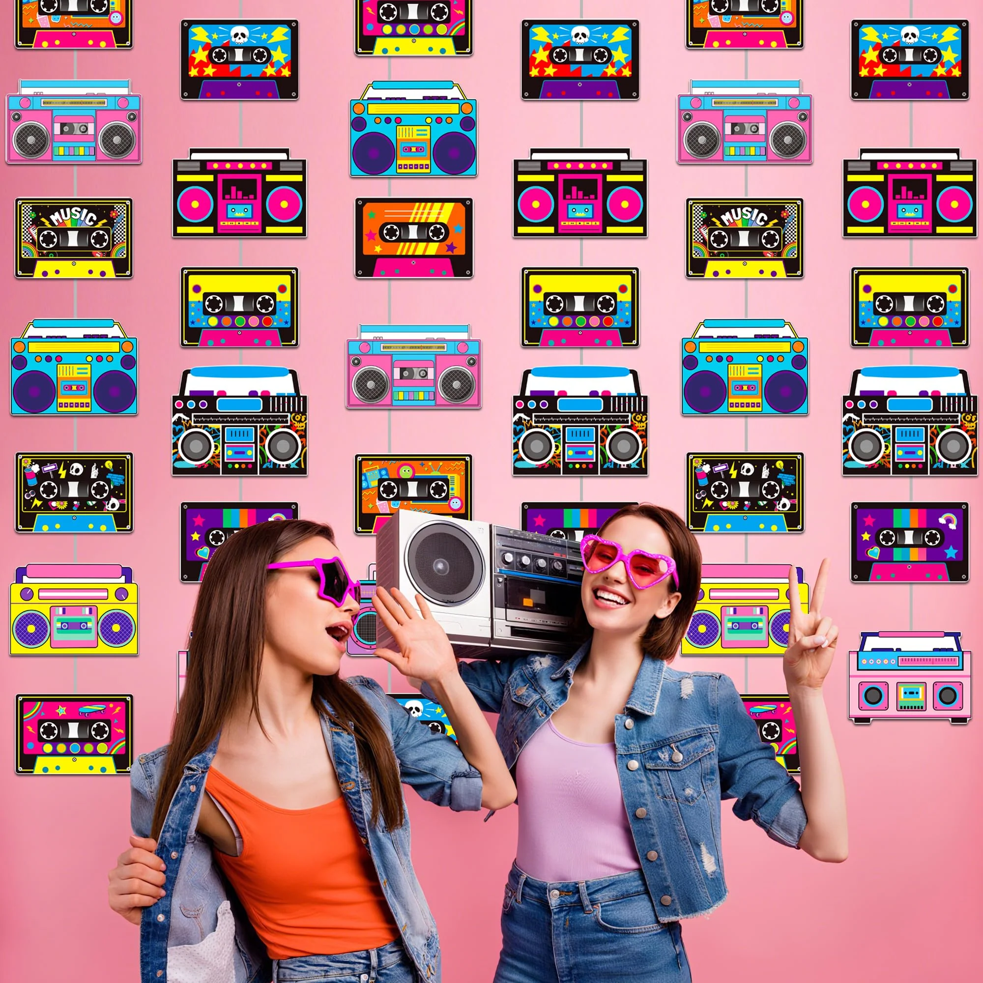 Cassette Tape and Boom Box Garlands 6PCS 80s Party Decorations Retro Radio Cassette Tape Paper Garland Banners 1980s Hanging Decor for 70s 90s Hip Hop Theme Birthday Party Supplies - Image 5