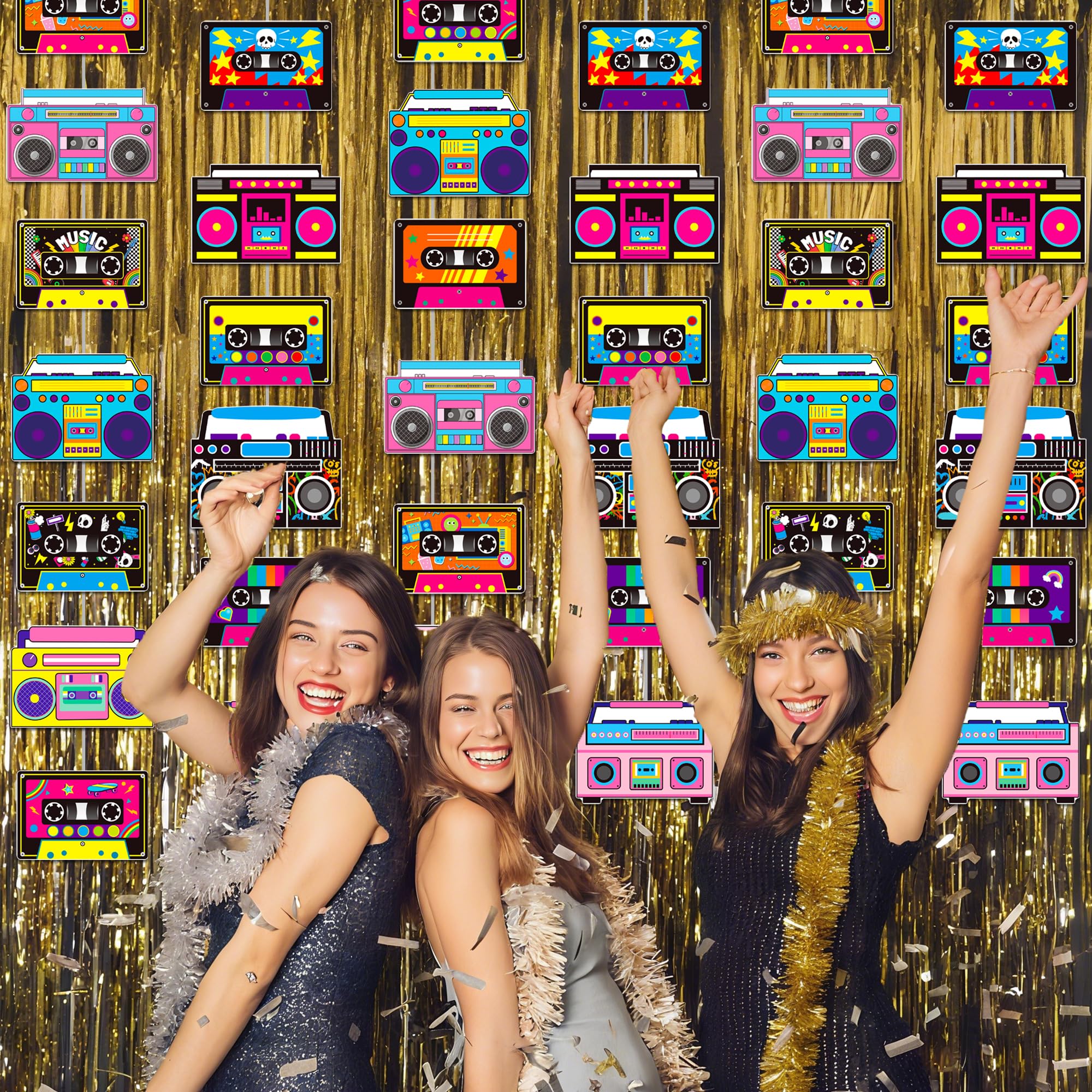 Cassette Tape and Boom Box Garlands 6PCS 80s Party Decorations Retro Radio Cassette Tape Paper Garland Banners 1980s Hanging Decor for 70s 90s Hip Hop Theme Birthday Party Supplies - Image 6