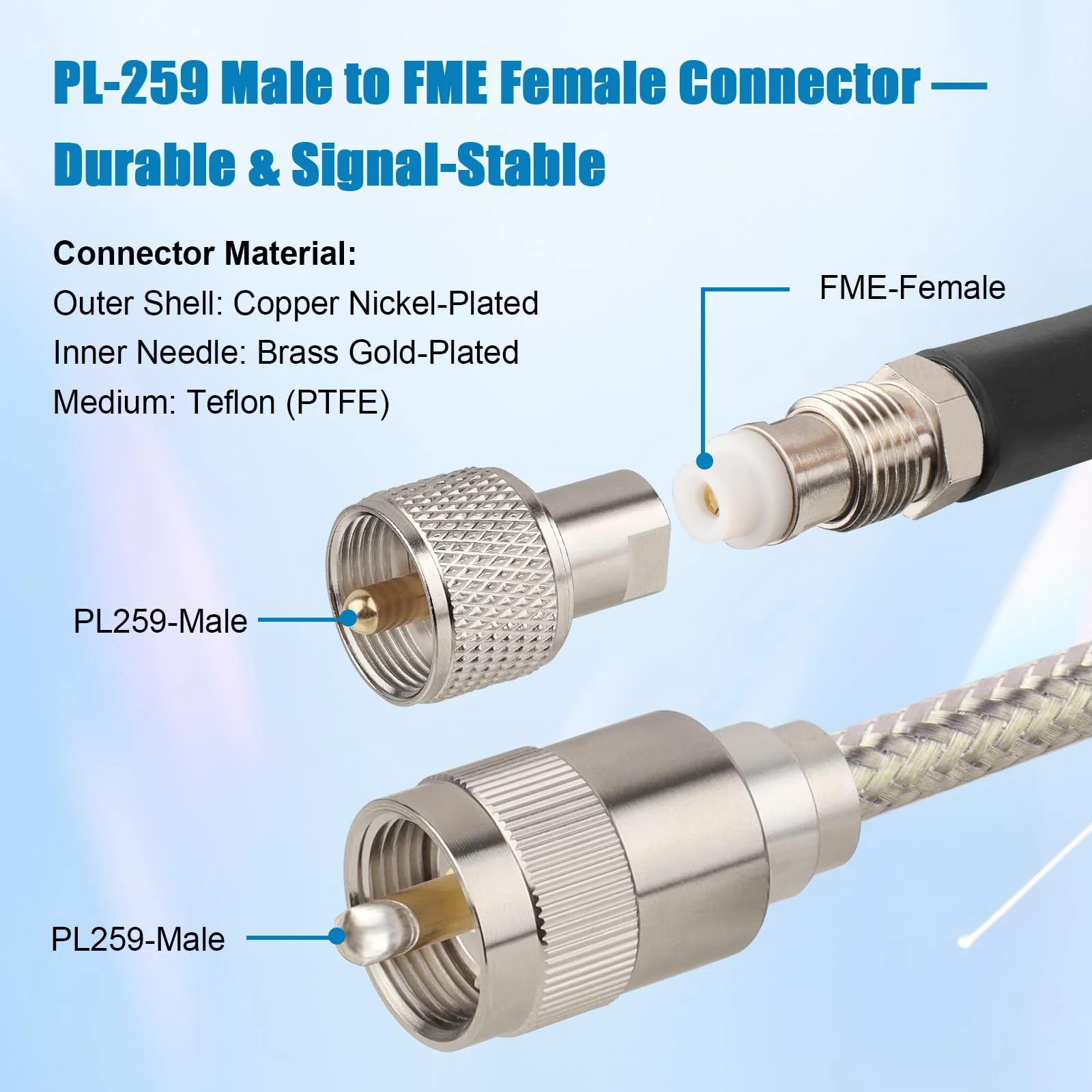 CB Coax Cable 12FT, RG8X FME Female to UHF PL-259 Male with FME Male to PL-259 Adapter, Low Loss RF Coaxial Cable for Antenna, CB Radio, Ham Radio, Marine, Mobile, and GPS Systems - Image 3
