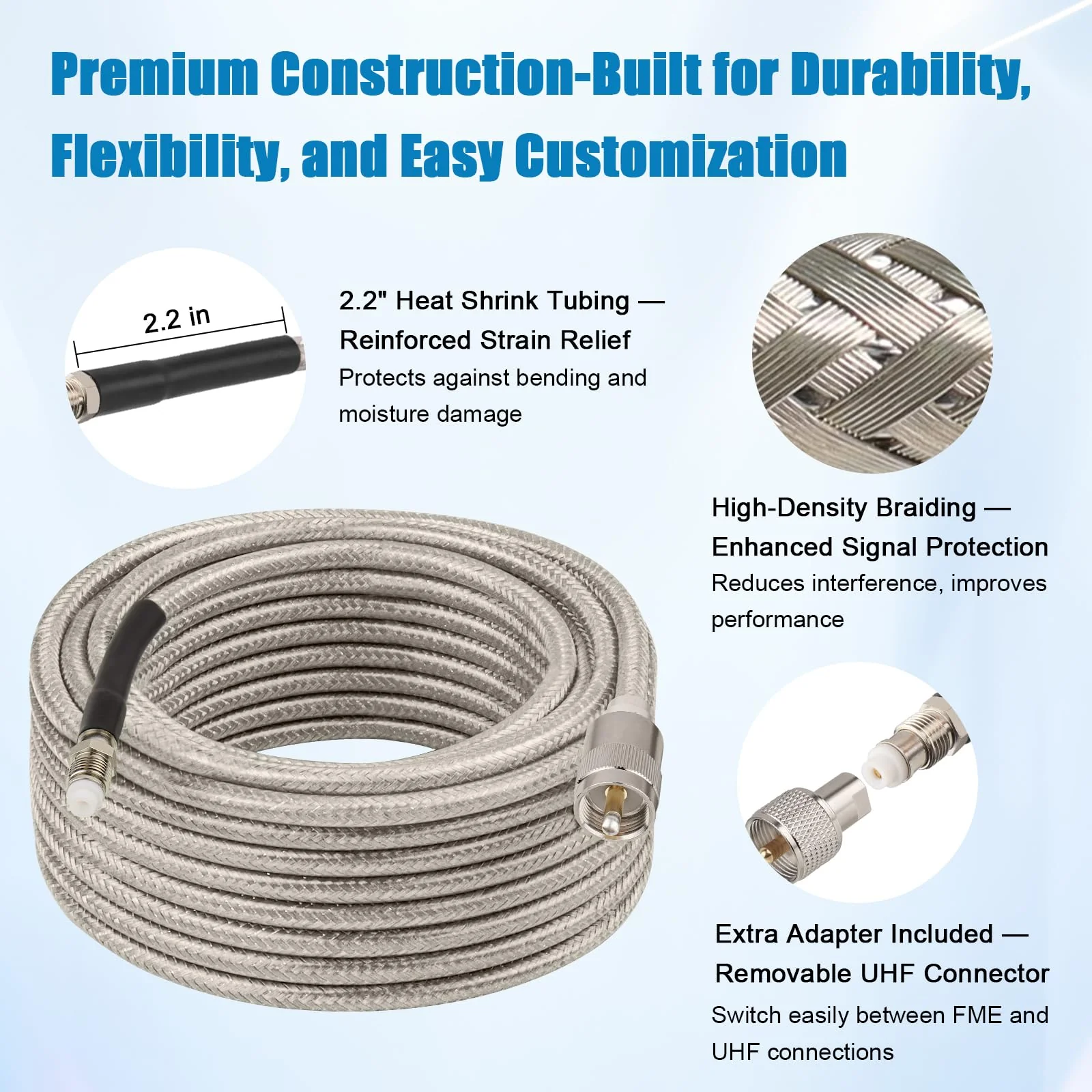 CB Coax Cable 12FT, RG8X FME Female to UHF PL-259 Male with FME Male to PL-259 Adapter, Low Loss RF Coaxial Cable for Antenna, CB Radio, Ham Radio, Marine, Mobile, and GPS Systems - Image 5