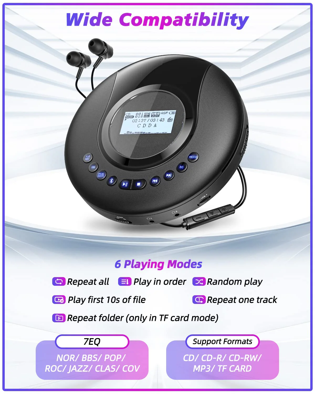 CD Player Portable ARAFUNA, Portable CD Player Bluetooth with FM Radio, 2000mAh Rechargeable CD Player for Car with LCD Screen, Anti Shock Protection Walkman CD Player with Headphone, AUX Cable Black - Image 6