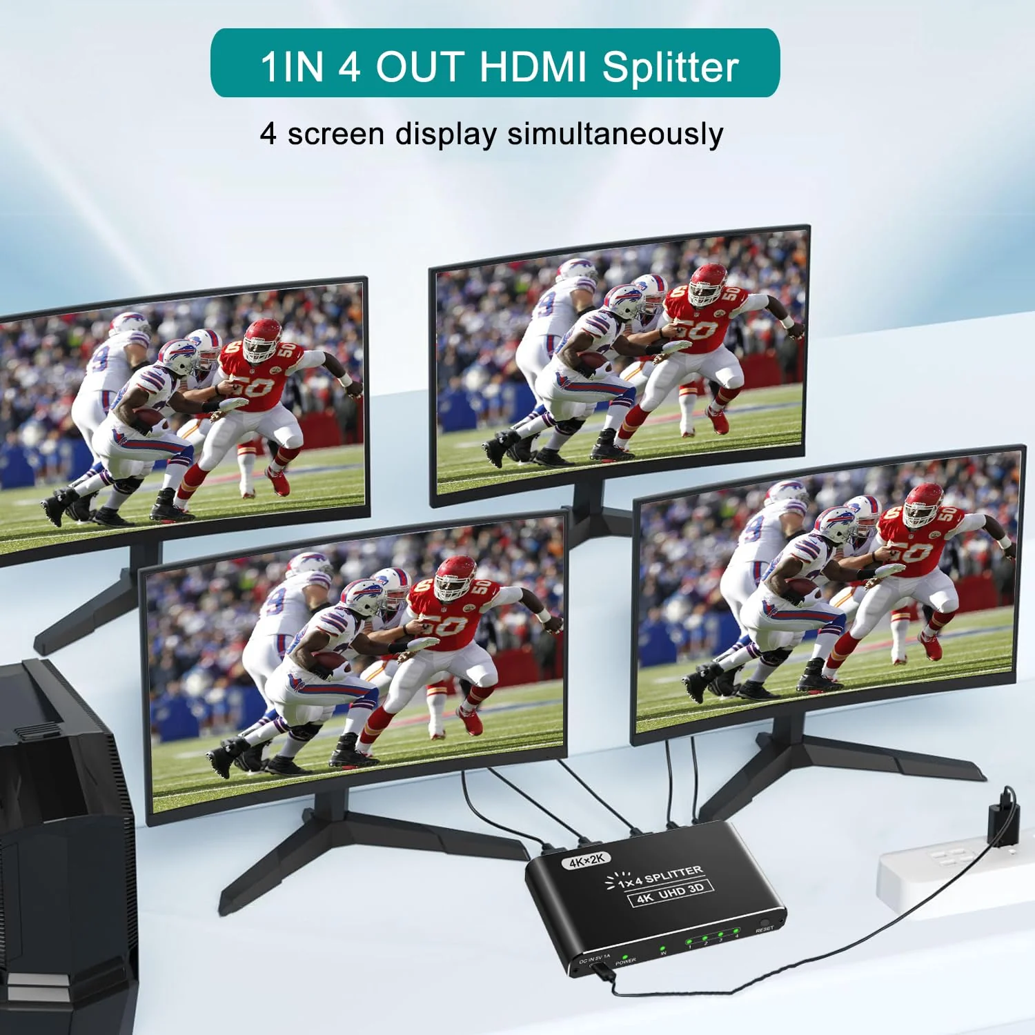 CLOSS HDMI Splitter 1 in 4 Out, 4K HDMI Splitters for Dual Monitors Supports 3D Full HD 1080P Aluminum HDMI Spliter HDMI Adapter for TV Compatible for PS4 Fire Stick HDTV(1 Source to 4 Displays) Black - Image 3