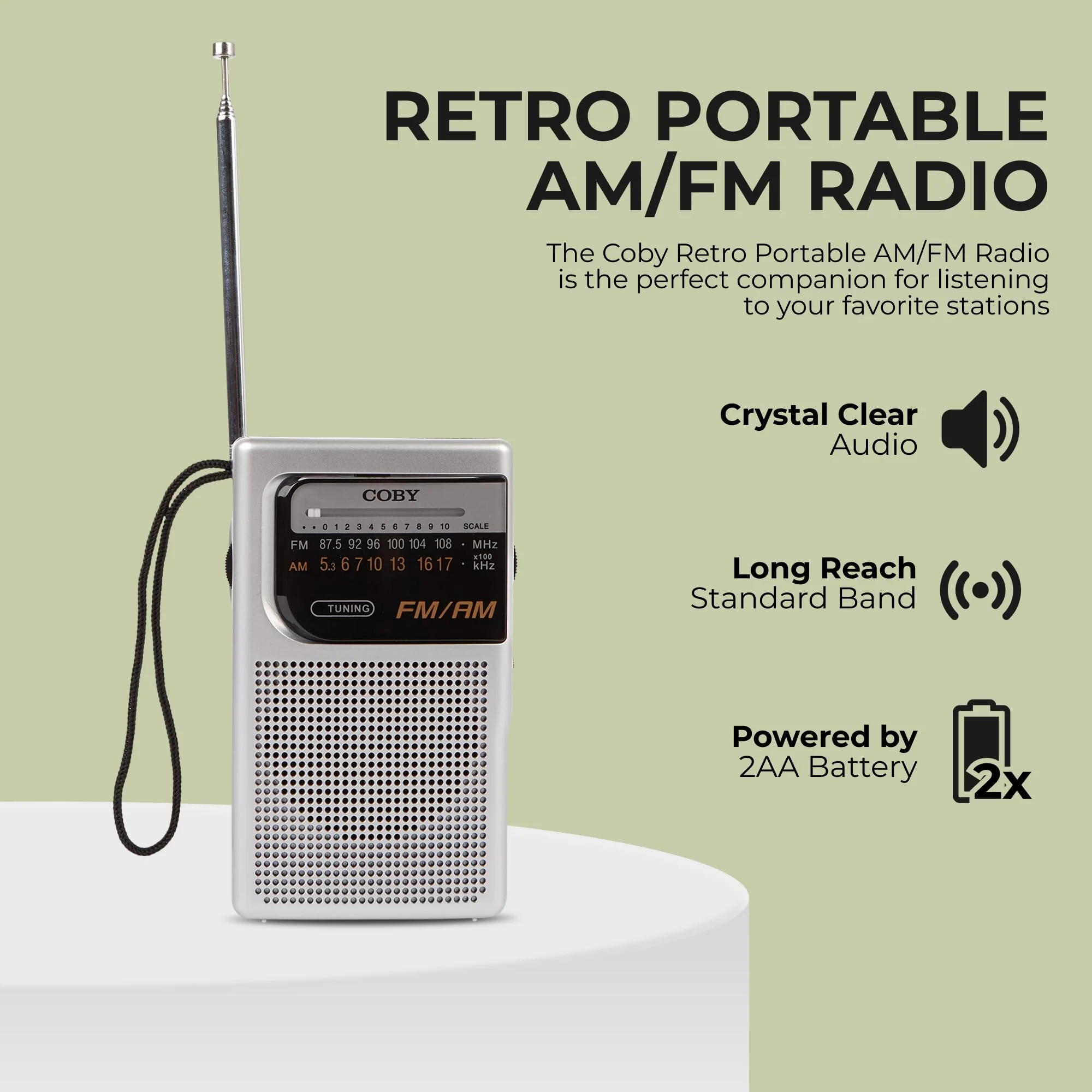 Coby Portable Radio, AM/FM, Pocket Radio, 800-HR Battery, Indoor Outdoor Mini Radio, Emergency Radio, Compact, Retro Transistor Radio A-Silver - Image 2