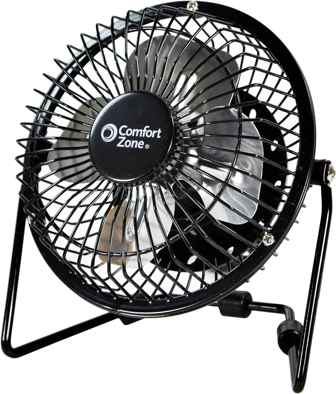 Comfort Zone Mini Portable Desk Fan with 360-Degree Adjustable Tilt, Dual Powered (USB or Power Cord), 4 inch, All-Metal Construction, Airflow 3.31 ft/sec, Ideal for Home, Bedroom & Office, CZHV4BK Black