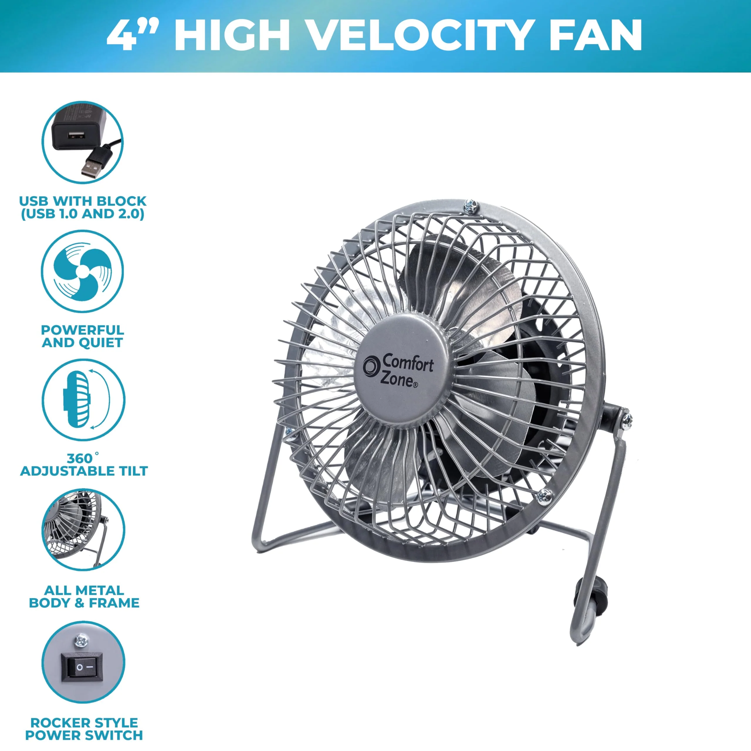 Comfort Zone Mini Portable Desk Fan with 360-Degree Adjustable Tilt, Dual Powered (USB or Power Cord), 4 inch, All-Metal Construction, Airflow 3.31 ft/sec, Ideal for Home, Bedroom & Office, CZHV4BK Black - Image 3