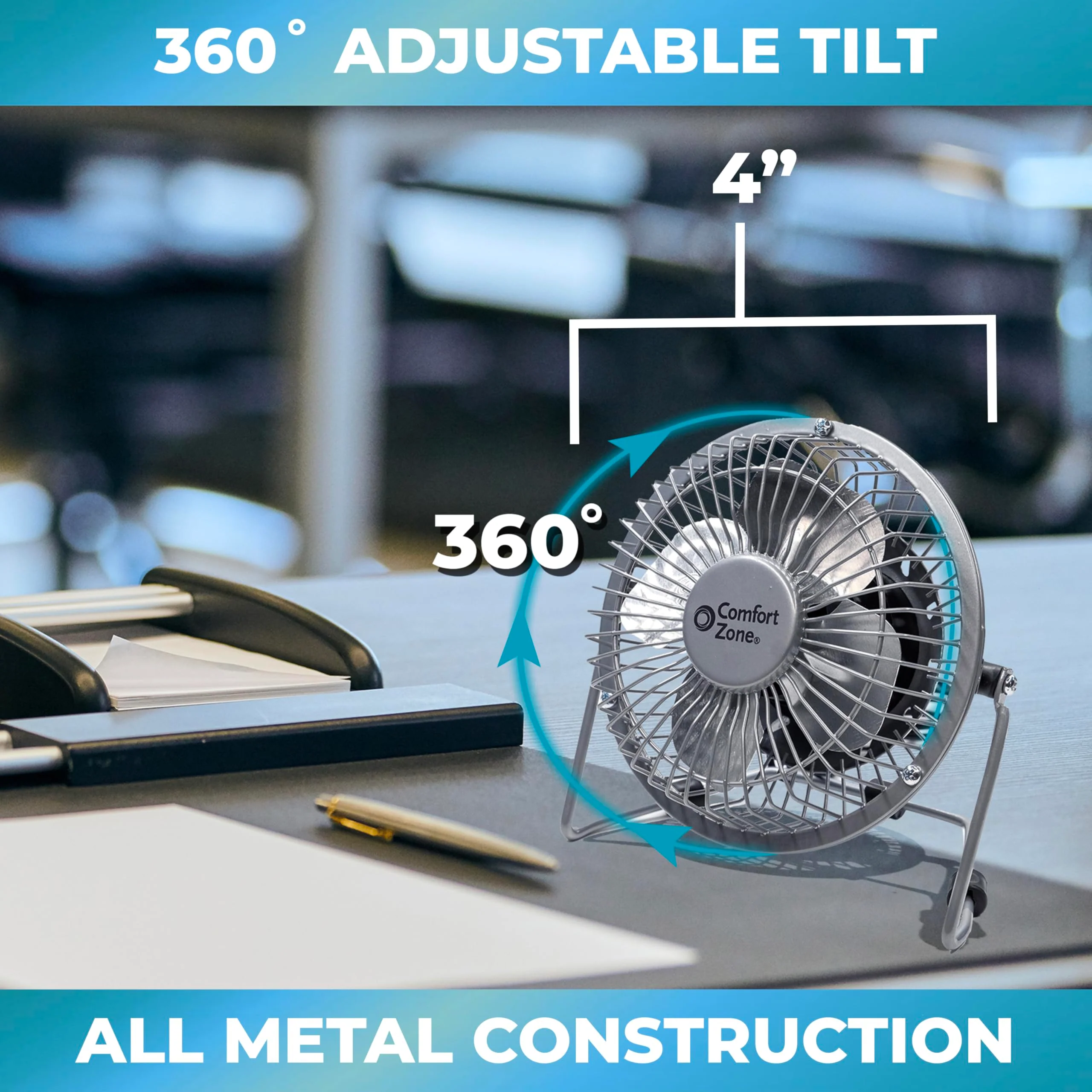 Comfort Zone Mini Portable Desk Fan with 360-Degree Adjustable Tilt, Dual Powered (USB or Power Cord), 4 inch, All-Metal Construction, Airflow 3.31 ft/sec, Ideal for Home, Bedroom & Office, CZHV4BK Black - Image 5