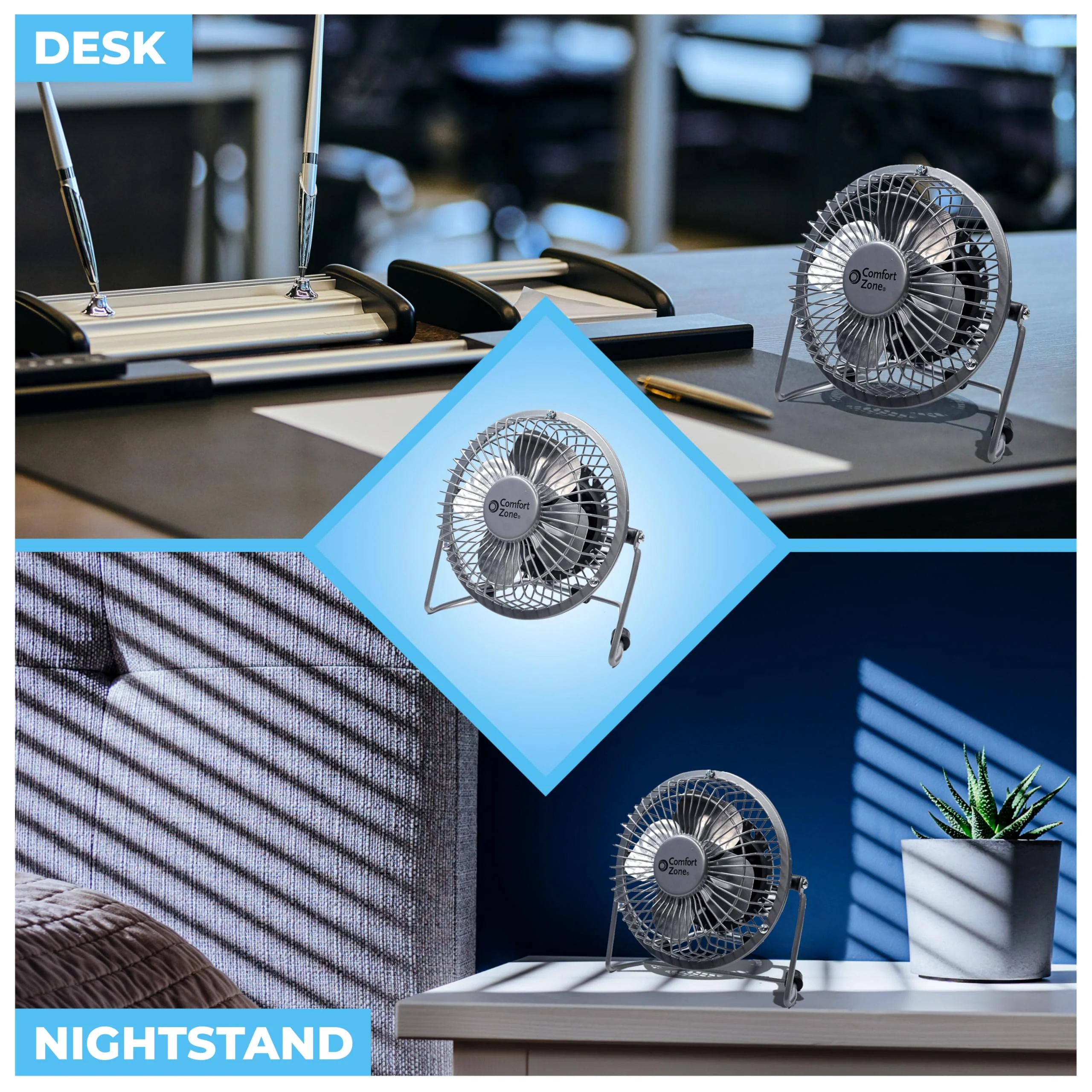 Comfort Zone Mini Portable Desk Fan with 360-Degree Adjustable Tilt, Dual Powered (USB or Power Cord), 4 inch, All-Metal Construction, Airflow 3.31 ft/sec, Ideal for Home, Bedroom & Office, CZHV4BK Black - Image 7
