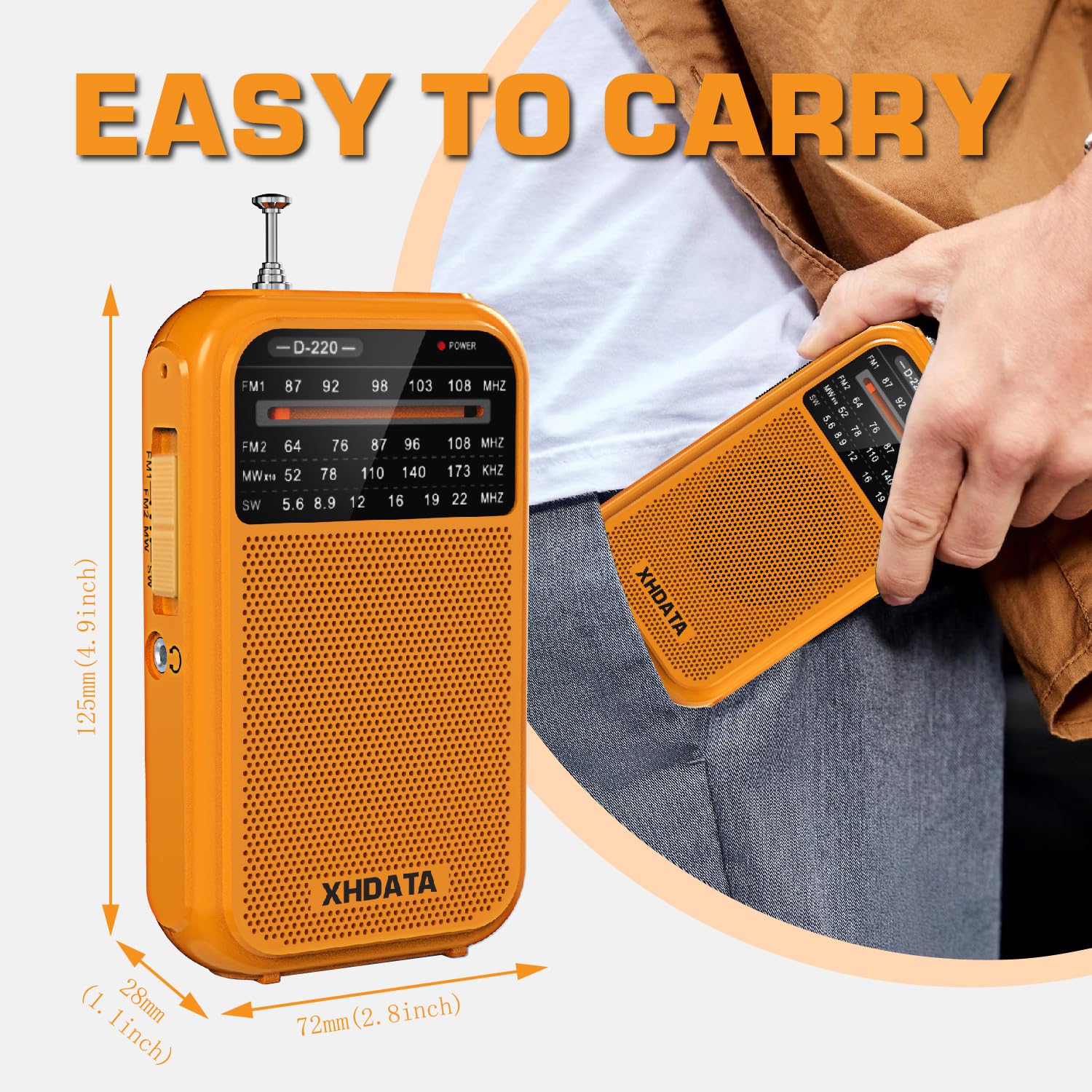 D220 Portable Radio AM FM SW Shortwave Radio Receiver Pocket Radio, 2 AA Battery Operated, Transistor Radio with Excellent Reception for Gift, Family, Elder (Orange) Orange - Image 2