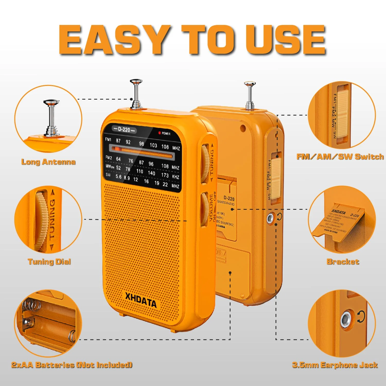 D220 Portable Radio AM FM SW Shortwave Radio Receiver Pocket Radio, 2 AA Battery Operated, Transistor Radio with Excellent Reception for Gift, Family, Elder (Orange) Orange - Image 4