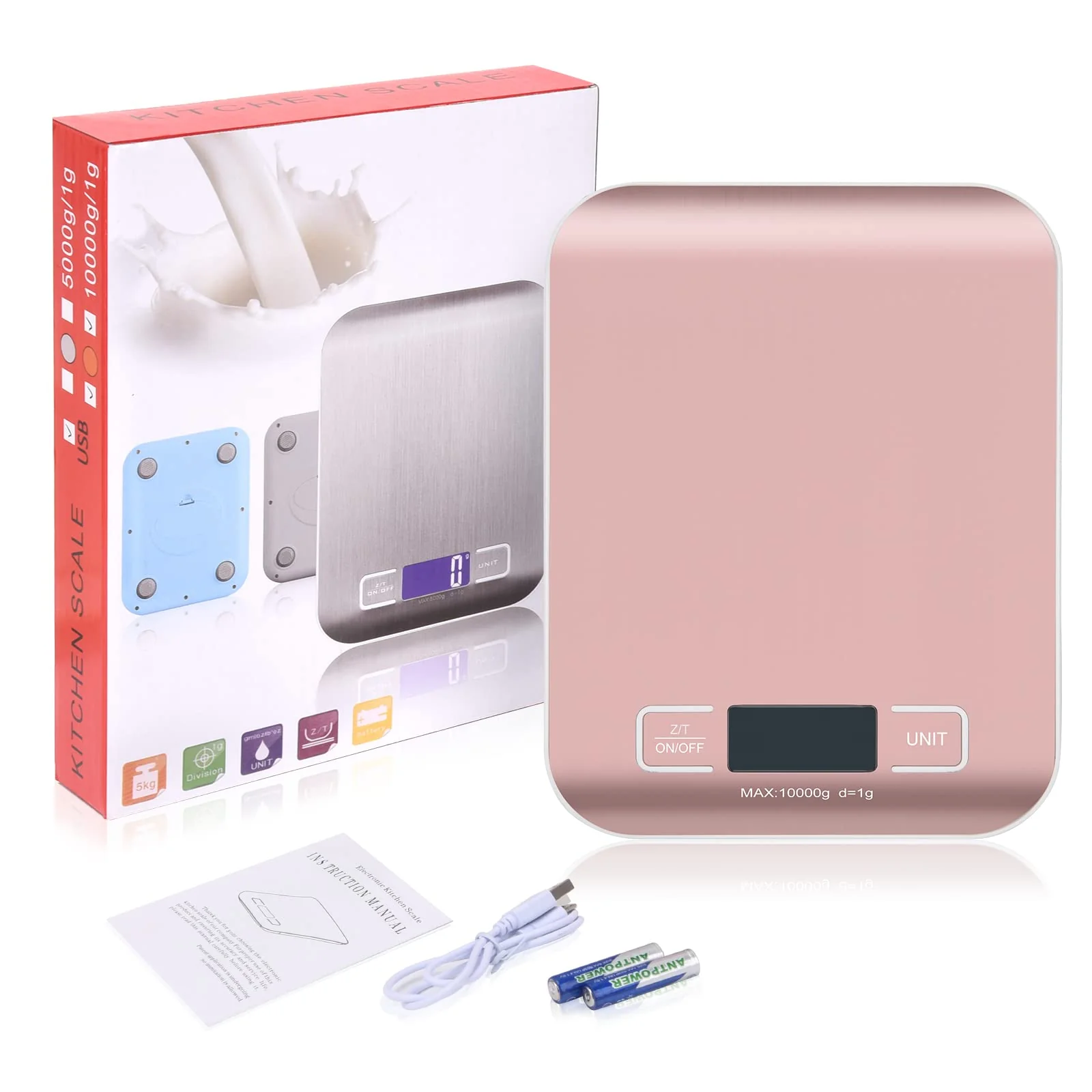 Digital Shipping Scale, Kitchen Scale, Stainless Steel Accurate 10kg/1g Portable Rechargeable Small Postal Scale for Packages, Small Business, Handmade, Liquids, Jewelry, Boutique(Rose Gold) Rose gold Rechargeable(10kg/1g) - Image 8