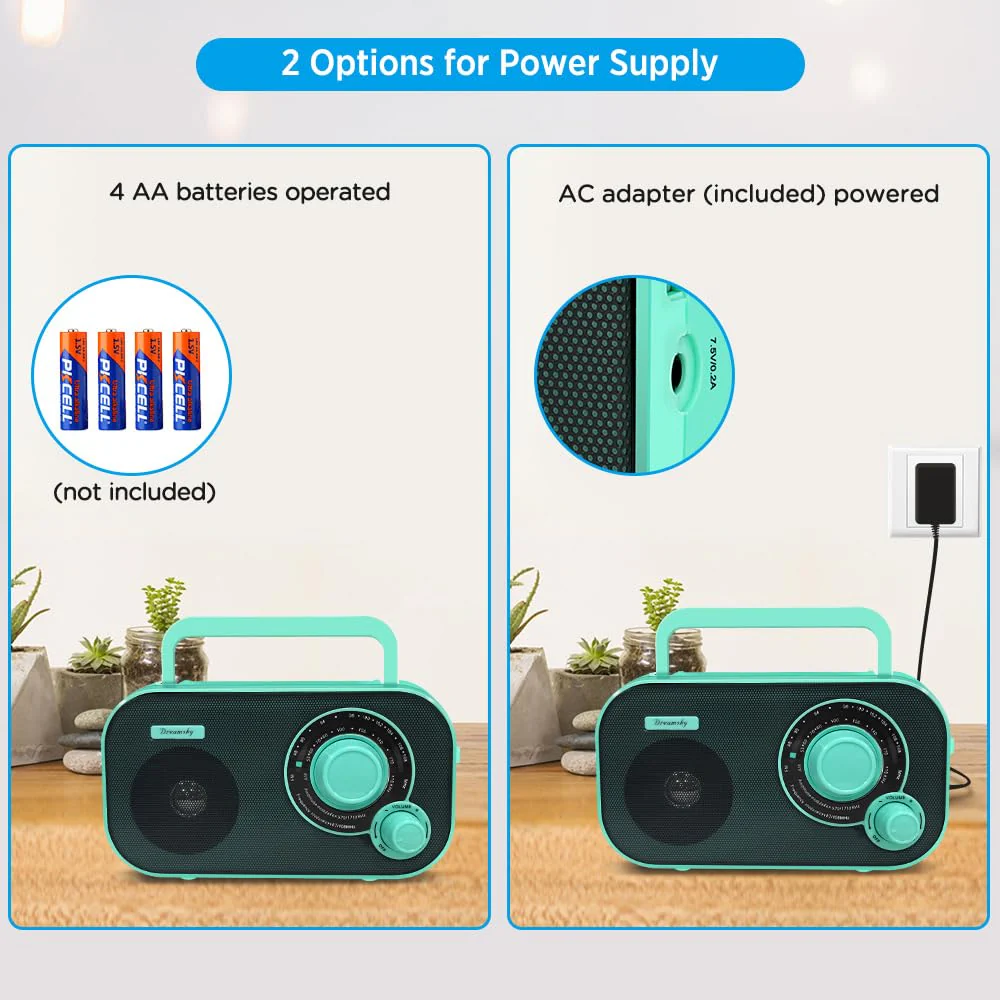 DreamSky AM FM Portable Radio Plug in Wall or Battery Operated for Home & Outdoor, Strong Reception, Large Dial Easy to Use, Transistor Antenna, Headphone Jack, Small Gifts for Seniors Elderly Green - Image 2