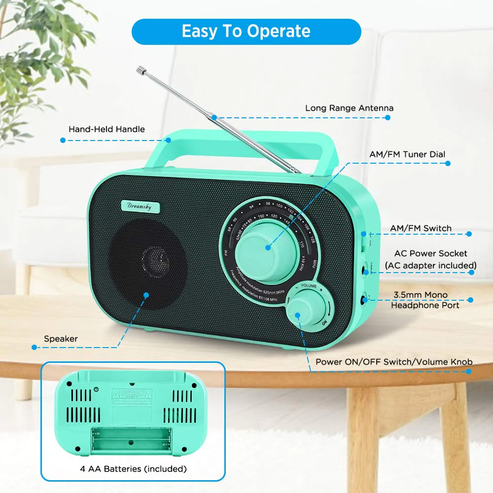 DreamSky AM FM Portable Radio Plug in Wall or Battery Operated for Home & Outdoor, Strong Reception, Large Dial Easy to Use, Transistor Antenna, Headphone Jack, Small Gifts for Seniors Elderly Green - Image 3