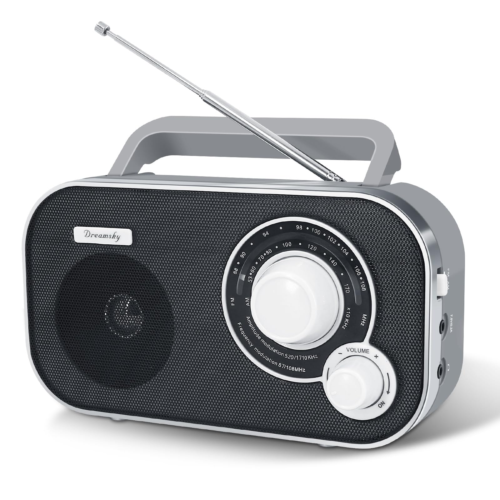 DreamSky AM FM Portable Radio Plug In Wall or Battery Operated for Home & Outdoor, Strong Reception & Sound, Large Dial Easy to Use, Transistor Antenna, Headphone Jack, Small Gifts for Seniors Elderly Grey