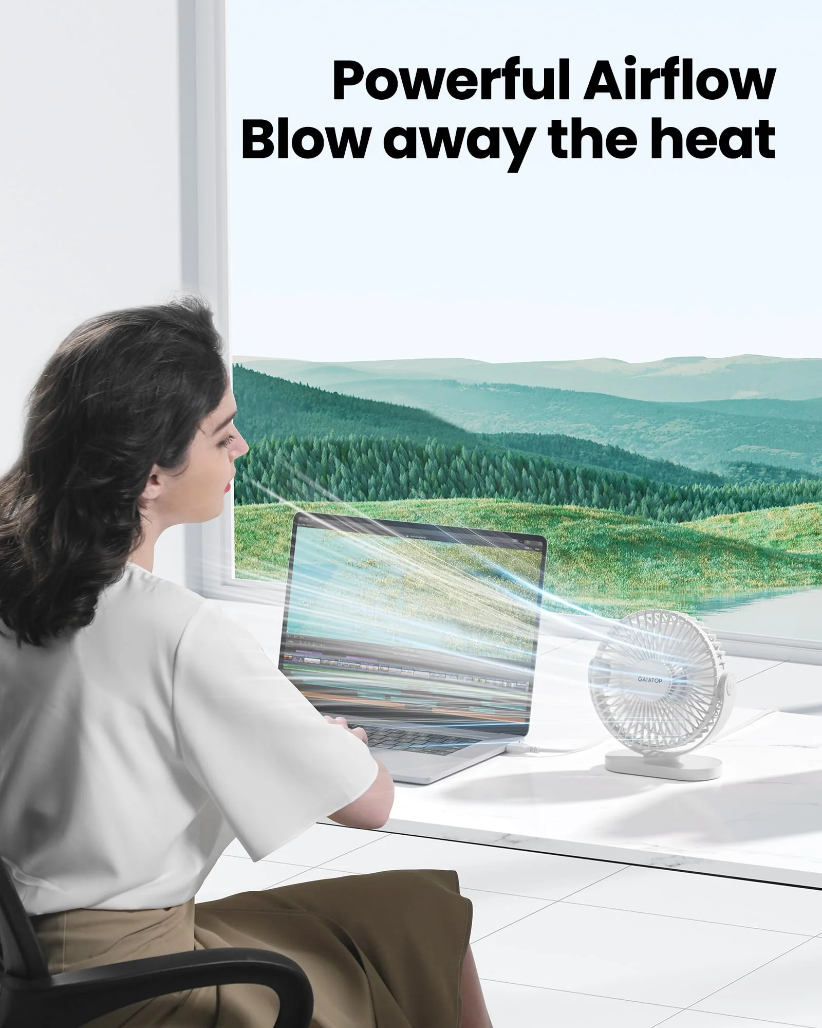 Gaiatop USB Desk Fan, 3 Speeds Powerful Portable Fan, 5.5 Inch Quiet Cooling Mini Fan, 90° Rotate Small Table Fan with 5ft Cable Personal Fan for Desktop Home Office Travel White - Image 2